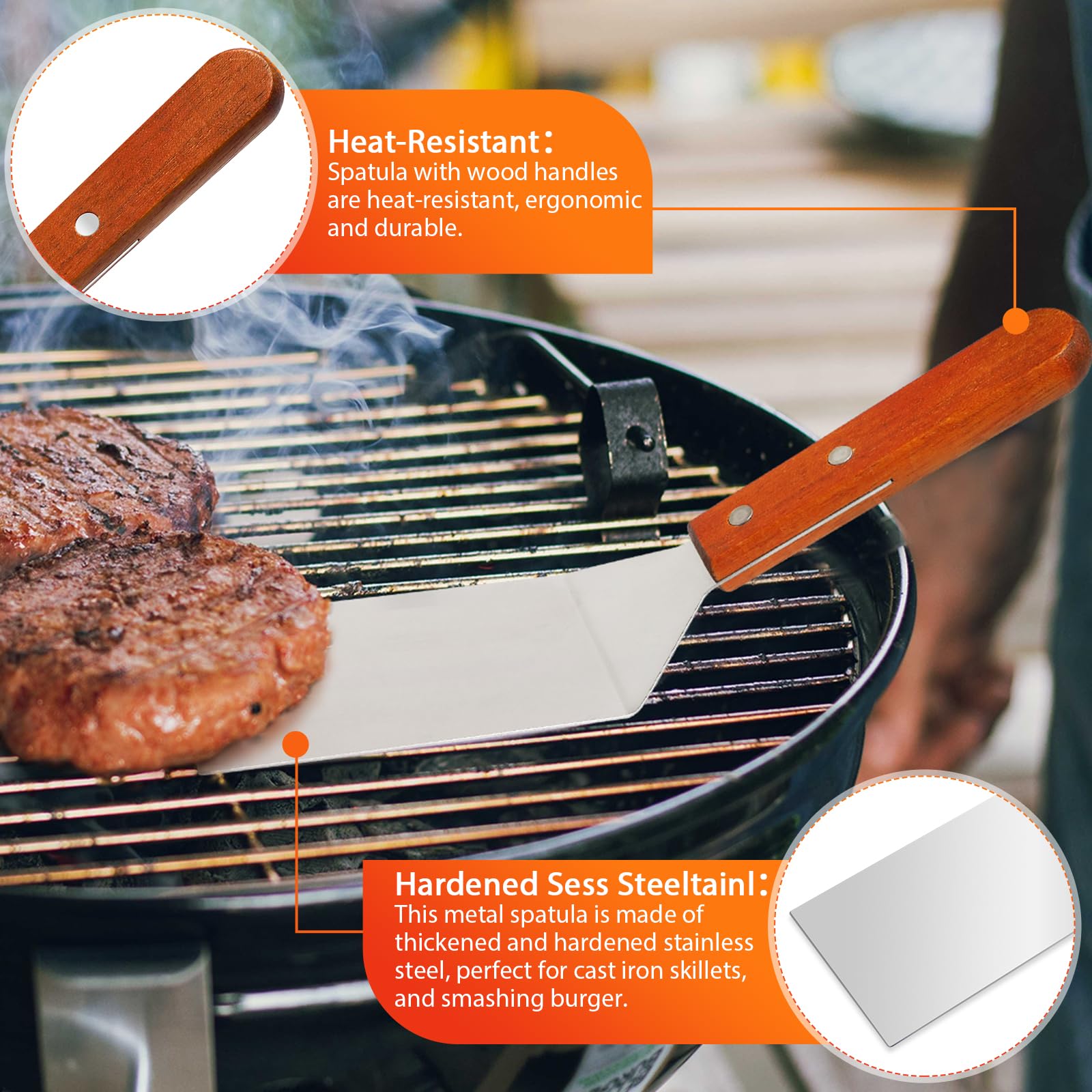 Cast Iron Smash Burger Press Kit, 7" Round Meat Press & 10" Large Spatula, Heavy Duty Hamburger Patty Maker for Griddle, Bacon, Sandwich, Steak, Compatible with Blackstone, Wooden Handle