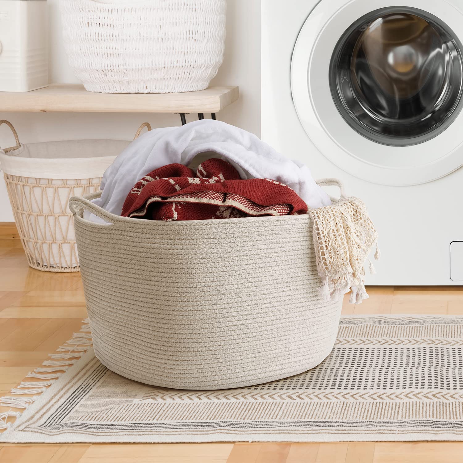 Large Storage Basket Rope Basket, Maliton Extra Large Cotton Rope Bin 22" x 22" x 14" XXXLarge Basket Woven Storage Basket Toy Bin with Handle Comforter Cushions Storage Bins Thread Laundry Hamper