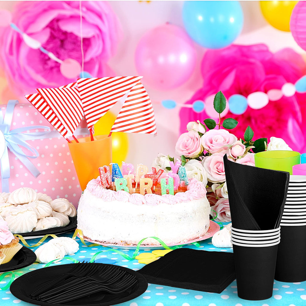 ADXCO Party Supplies - Disposable Black Party Decorations: 9 Inch Paper Plates, Cups, Napkins - Serves 24 for Birthday, Wedding, Holidays