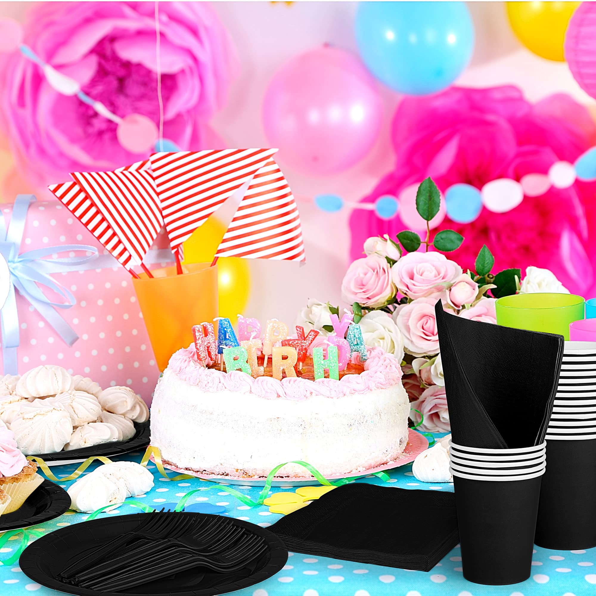 ADXCO Party Supplies - Disposable Black Party Decorations: 9 Inch Paper Plates, Cups, Napkins - Serves 24 for Birthday, Wedding, Holidays