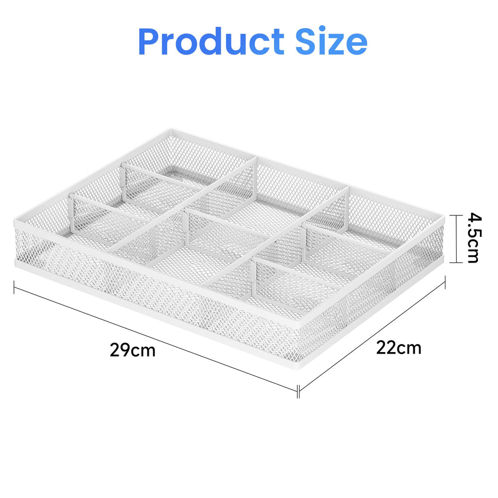 SUBEKYU Mesh Drawer Organizer Tray with 8 Adjustable Compartments, Desk Drawer Organizer for Office and Home, Stationery Storage Pen Holder Tool Tray - White
