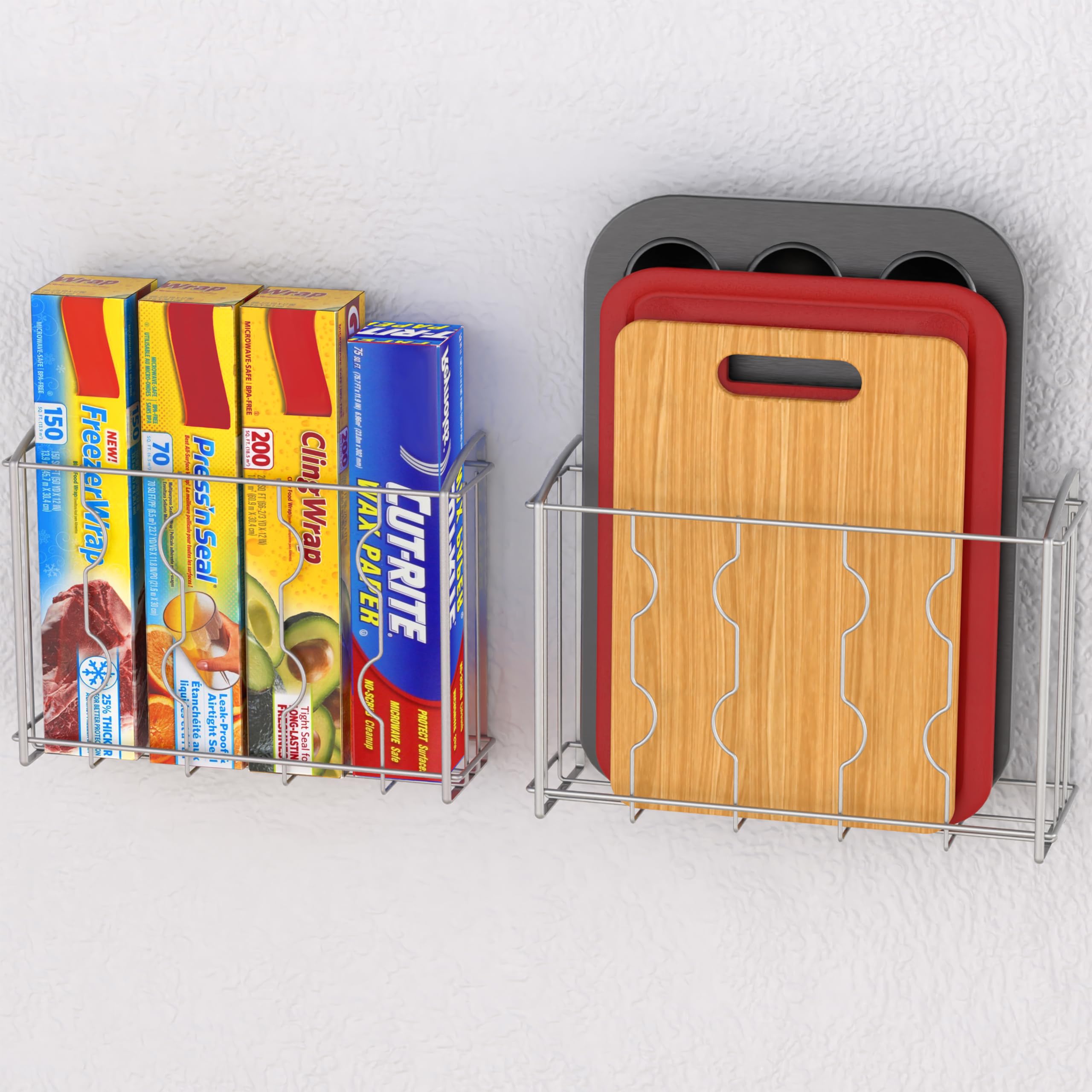 Simple Houseware 2-Pack Over the Door Cabinet Organizer, Wall Mount Wire Basket Rack for Foil, Plastic Wrap, Cutting Boards, and Cupboard Storage, Silver