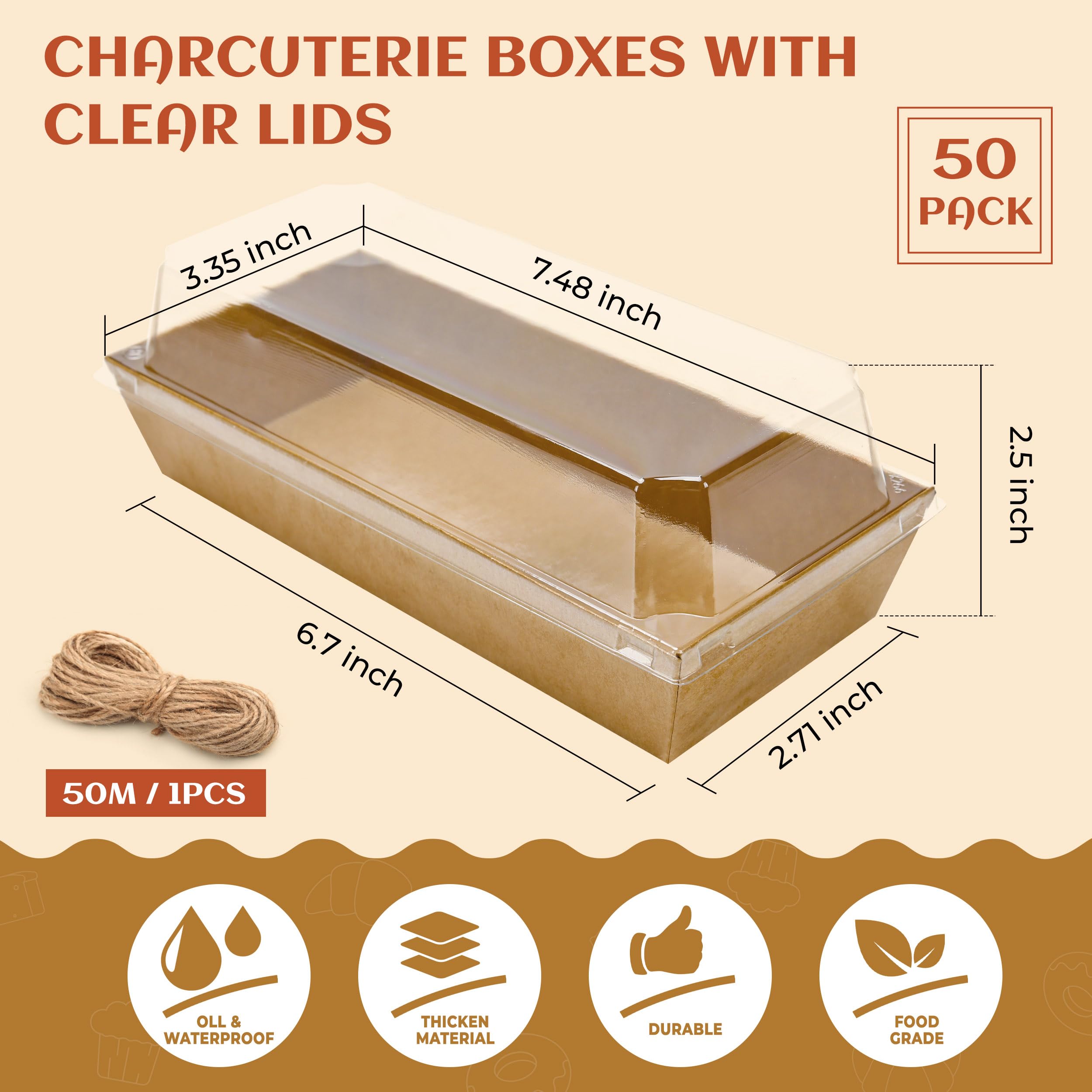 NPLUX Charcuterie Boxes with Clear Lids Mini Dessert Bakery Boxes Disposable To Go Food Containers for Cookie Cake Slice Sushi Strawberry 7.48x3.35x2.5INCH(50 Pack, Brown)