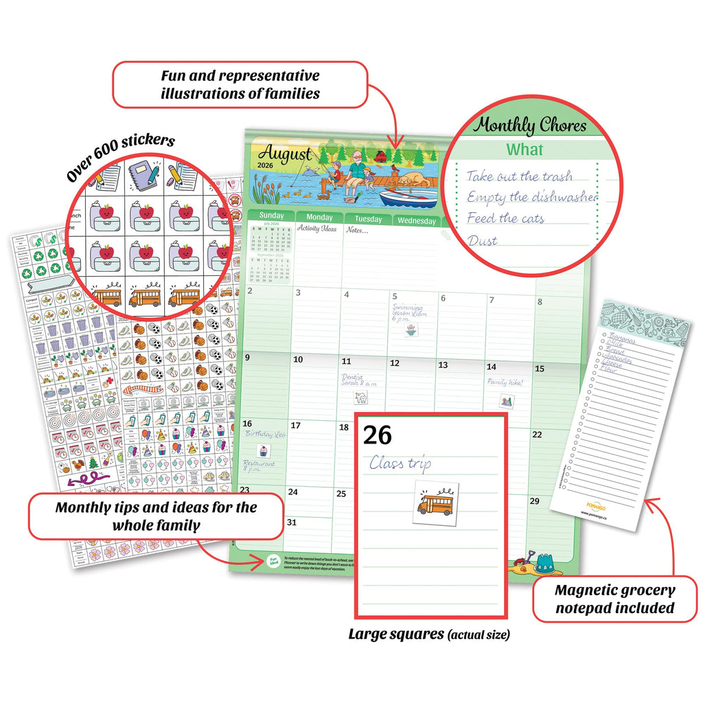 POMANGO 2026 Family Calendar English | 17 Months Family Planner: August 2025 to December 2026 | 15x19" - Magnetic Strip - 600 Stickers - Notepad - 2025-26 Edition with Mobile App