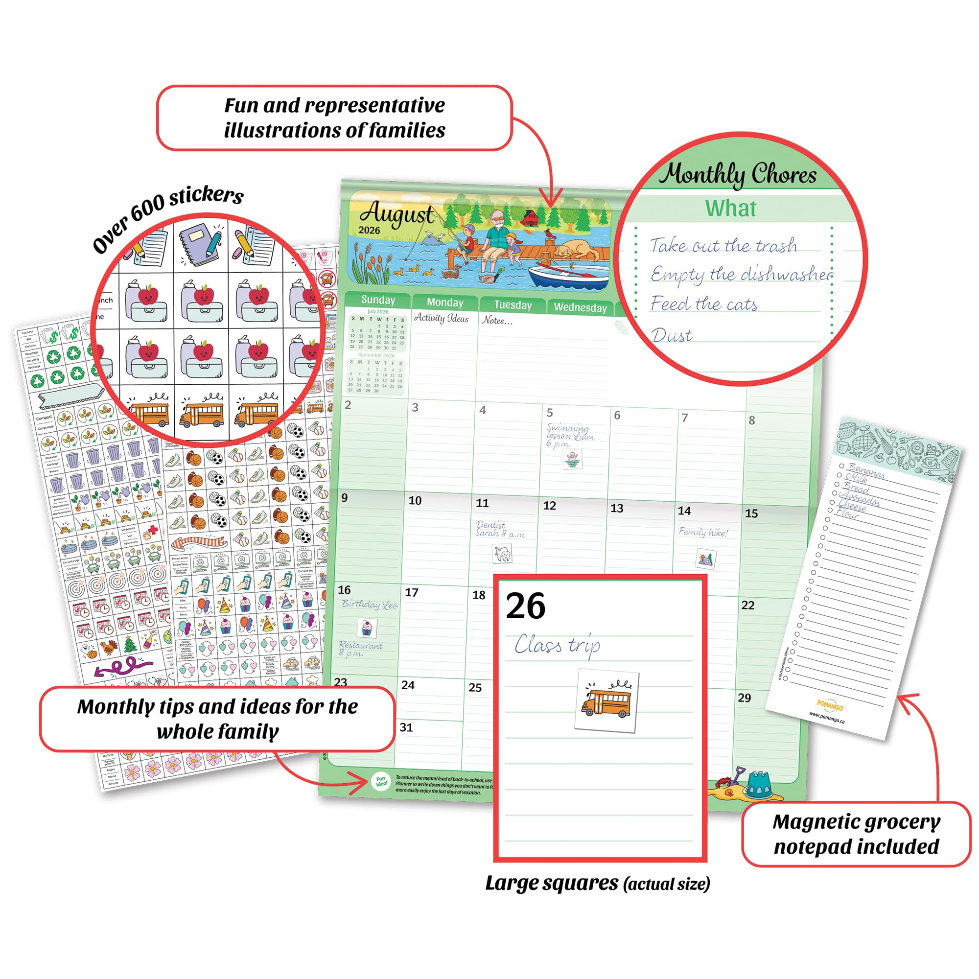 POMANGO 2026 Family Calendar English | 17 Months Family Planner: August 2025 to December 2026 | 15x19" - Magnetic Strip - 600 Stickers - Notepad - 2025-26 Edition with Mobile App