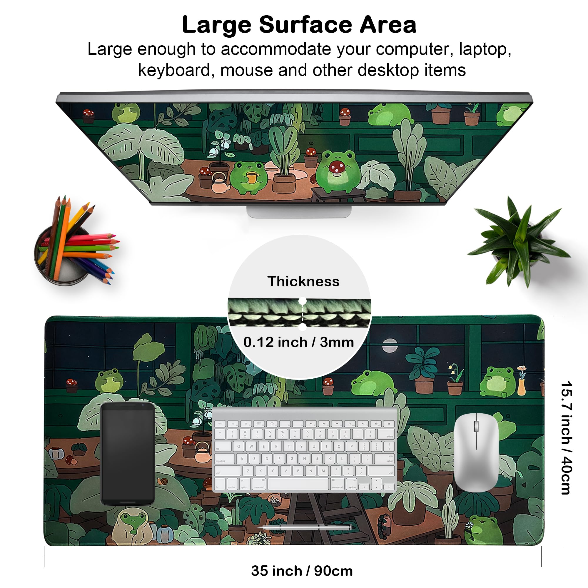 Green Mouse Pad, XXL Cute Anime Gaming Mouse Pad, 35x15.7x0.12 Inch Frog Desk Pad for Keyboard and Mouse, Large Kawaii Mousepad for Girls Women's Home Office Laptop PC Computer