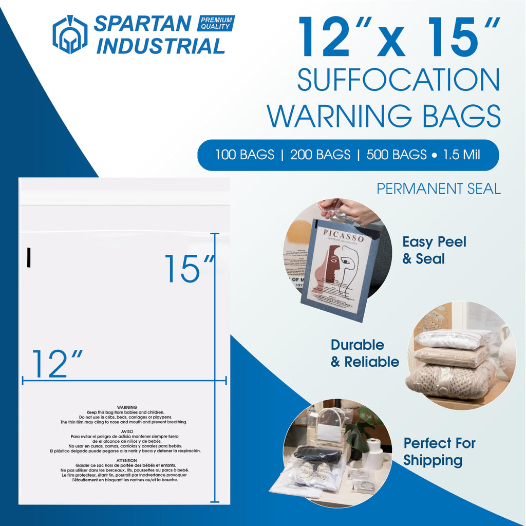 Spartan Industrial - 12” X 15” (200 Count) Self Seal Clear Poly Bags with Suffocation Warning for Packaging, T-Shirts & Clothing - Permanent Adhesive