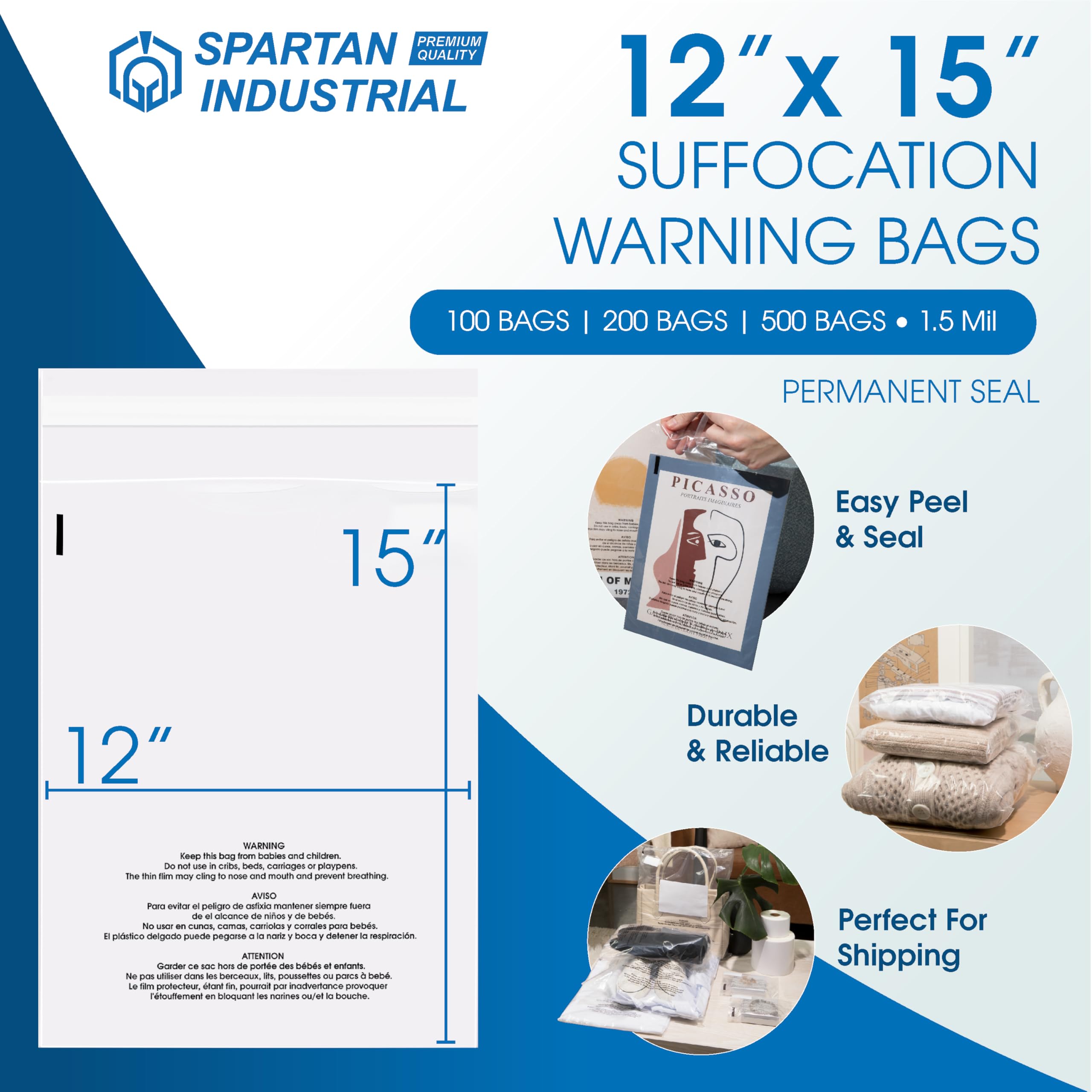 Spartan Industrial - 12” X 15” (200 Count) Self Seal Clear Poly Bags with Suffocation Warning for Packaging, T-Shirts & Clothing - Permanent Adhesive