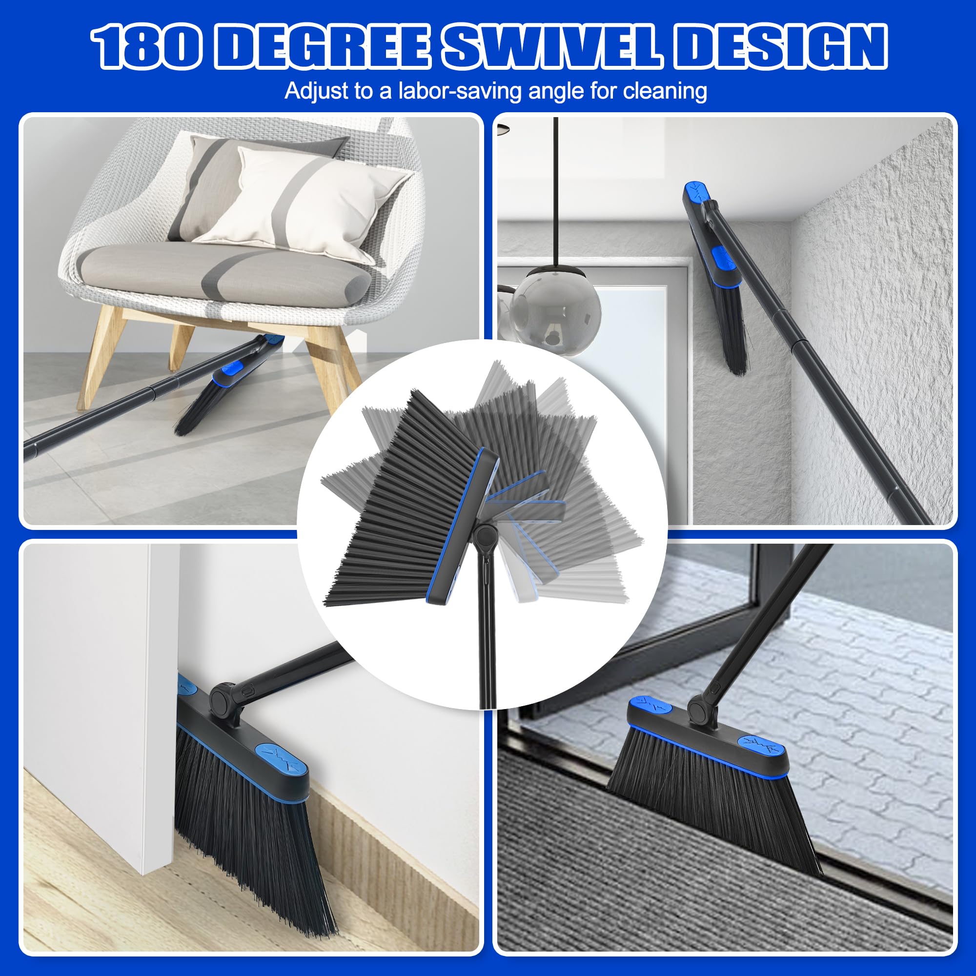 JEHONN Broom and Dust Pan, Upgraded Large Foldable Dustpan with Comb Teeth, 53.5 inches Long Handle Swivel Brush Indoor for Home Kitchen Lobby Floor Cleaning (Blue)