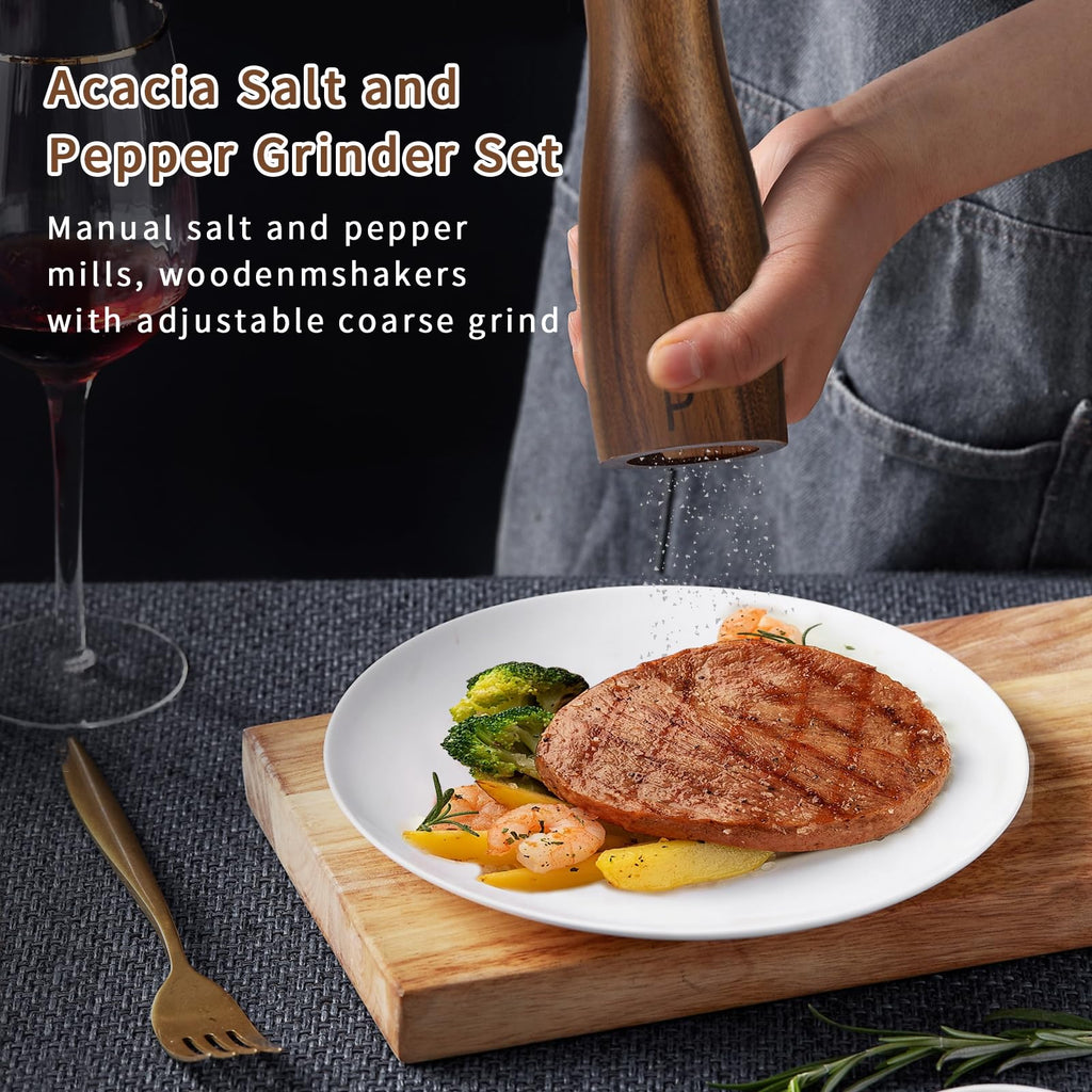 2 Pack Salt and Pepper Grinder Set, Acacia Salt and Pepper Mills Wood Salt Shaker with Ceramic/Stainless Steel Core, Modern and Elegant Wooden Salt and Pepper Mill Set Gifts for Housewarming Kitchen