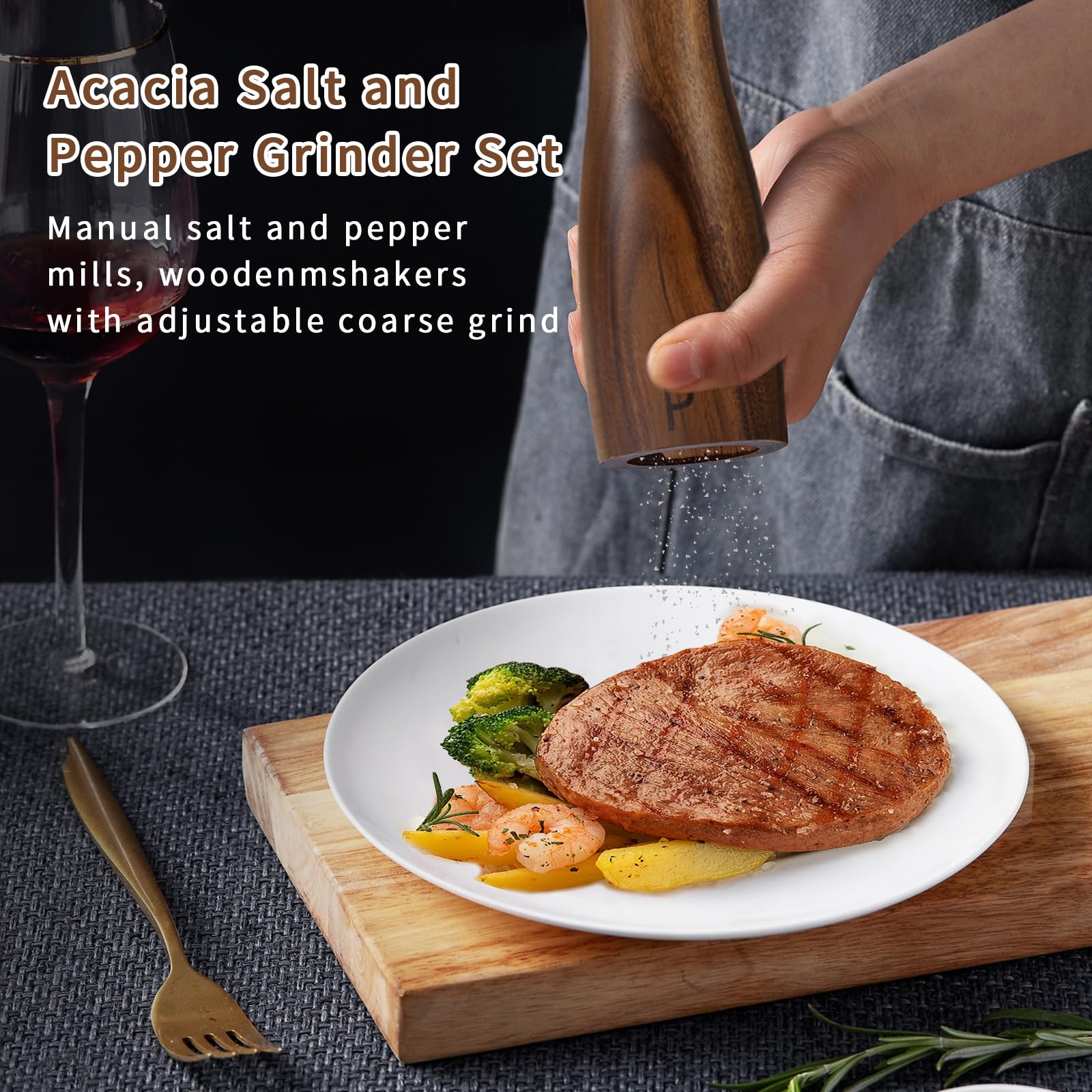 2 Pack Salt and Pepper Grinder Set, Acacia Salt and Pepper Mills Wood Salt Shaker with Ceramic/Stainless Steel Core, Modern and Elegant Wooden Salt and Pepper Mill Set Gifts for Housewarming Kitchen
