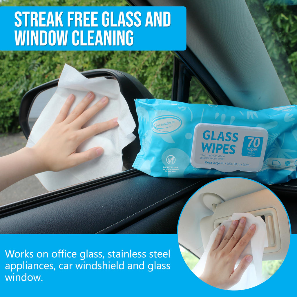 Air Jungles Glass and Window Cleaner Wipes 70 Count, Extra Large 8" x 10" Size Multi-Surface Glass Cleaning Wipes for Car Windshield, Headlight, Mirror, Tile, and Household Appliance