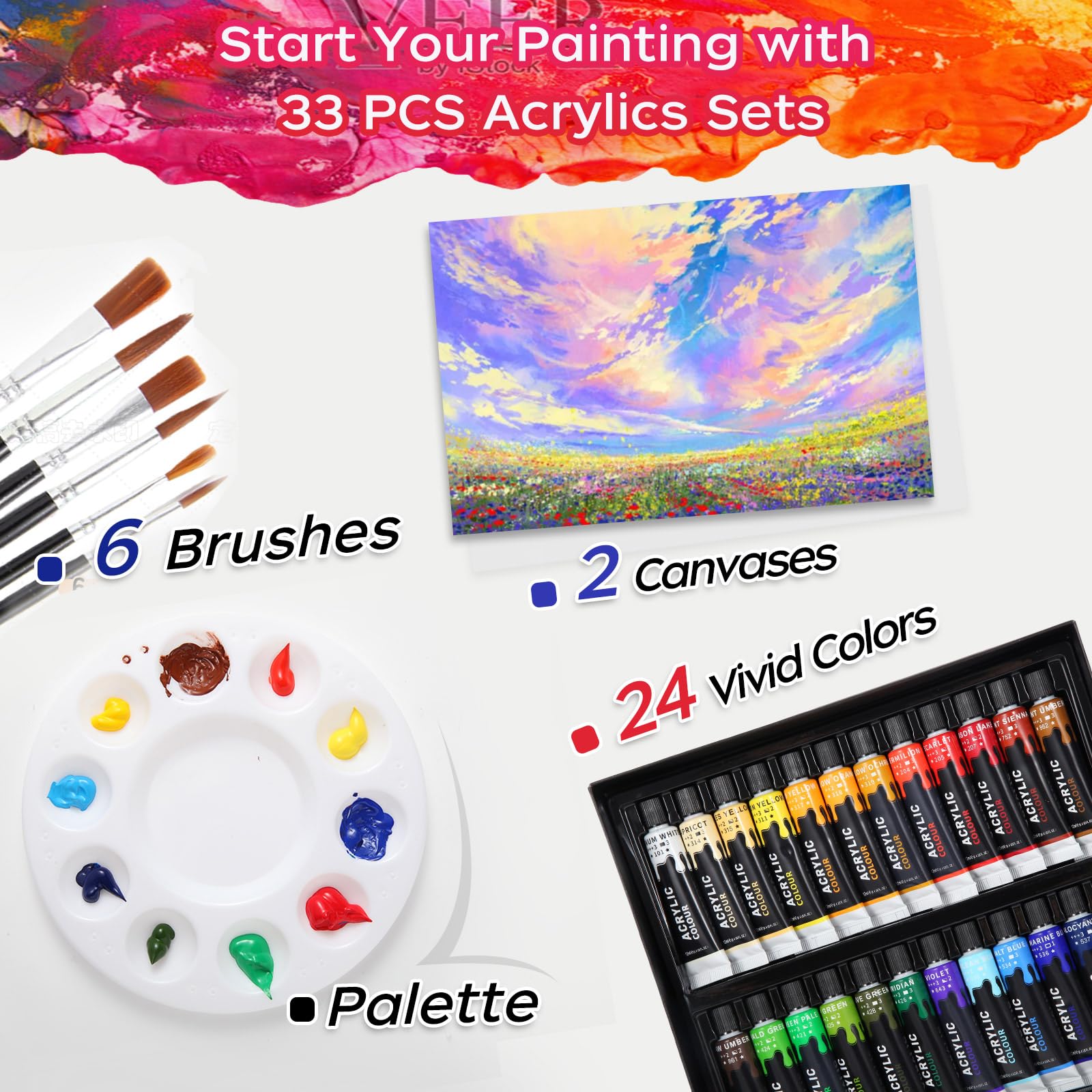 Kebuye Acrylic Art Paint Set, 24 Colours(12ml) Acrylic Paint Kits Creamy Texture Non-toxic, Art Craft Paints for Canvas Painting, Rock,Stone,Wood,Fabric,Crafts,with 6 Brushes 2 Canvas 1 Palette
