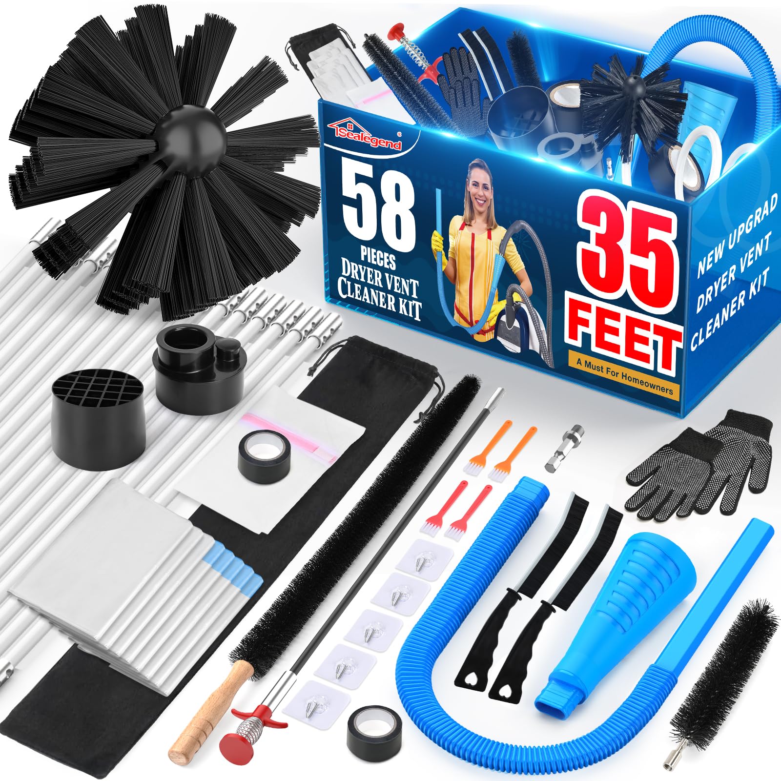 Sealegend 58-Piece Dryer Vent Cleaning Kit Omnidirectional Cleaner Include 35 Feet Dryer Vent Brush Blue Dryer Vacuum Attachment Lint Brush Vacuum&Dryer Adapter
