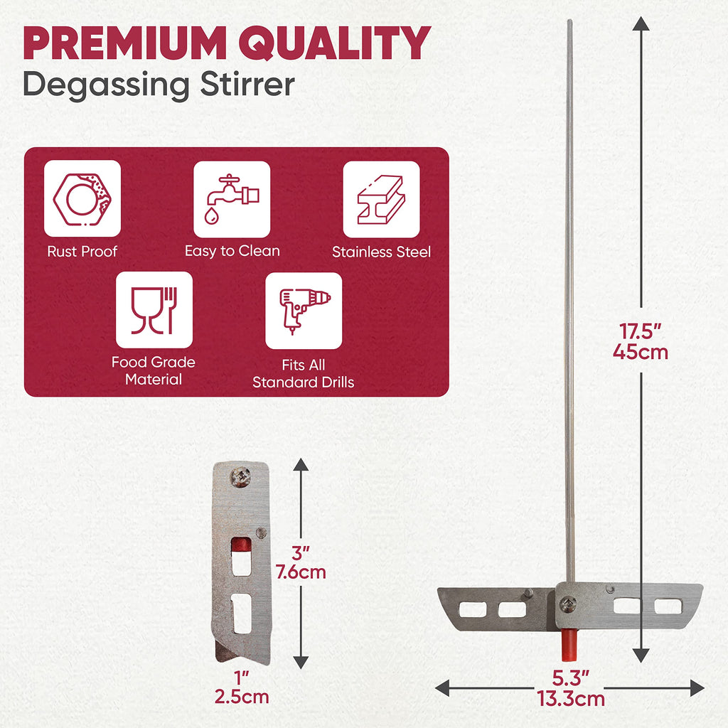 Wine Beer Degassing Stirrer for Wine Making 17.5” Stainless Steel 316 Drill Mixer Rod Attachment Wand w/Paddles | Winemaking, Brewing, Mead, Kombucha Supplies | Mixing De-gasser Agitator Tool