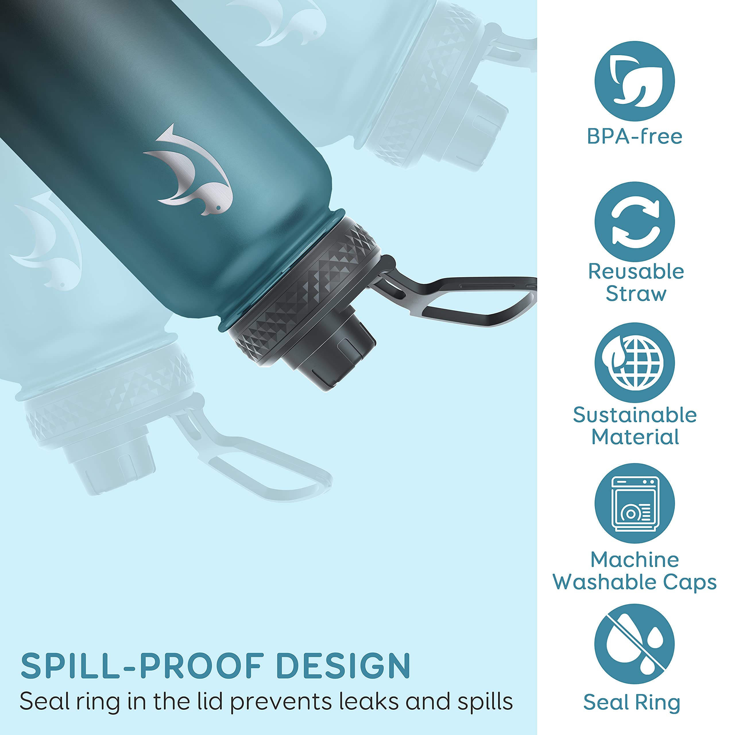 Coolflask Water Bottle 32 oz with Reusable Straw & Spout Lid, Vacuum Stainless Steel Wide Mouth 1/4 Gallon Thermo Canteen Mug, BPA-Free Keep Cold for 48 Hrs or Hot for 24 Hrs, Samurai Cyan
