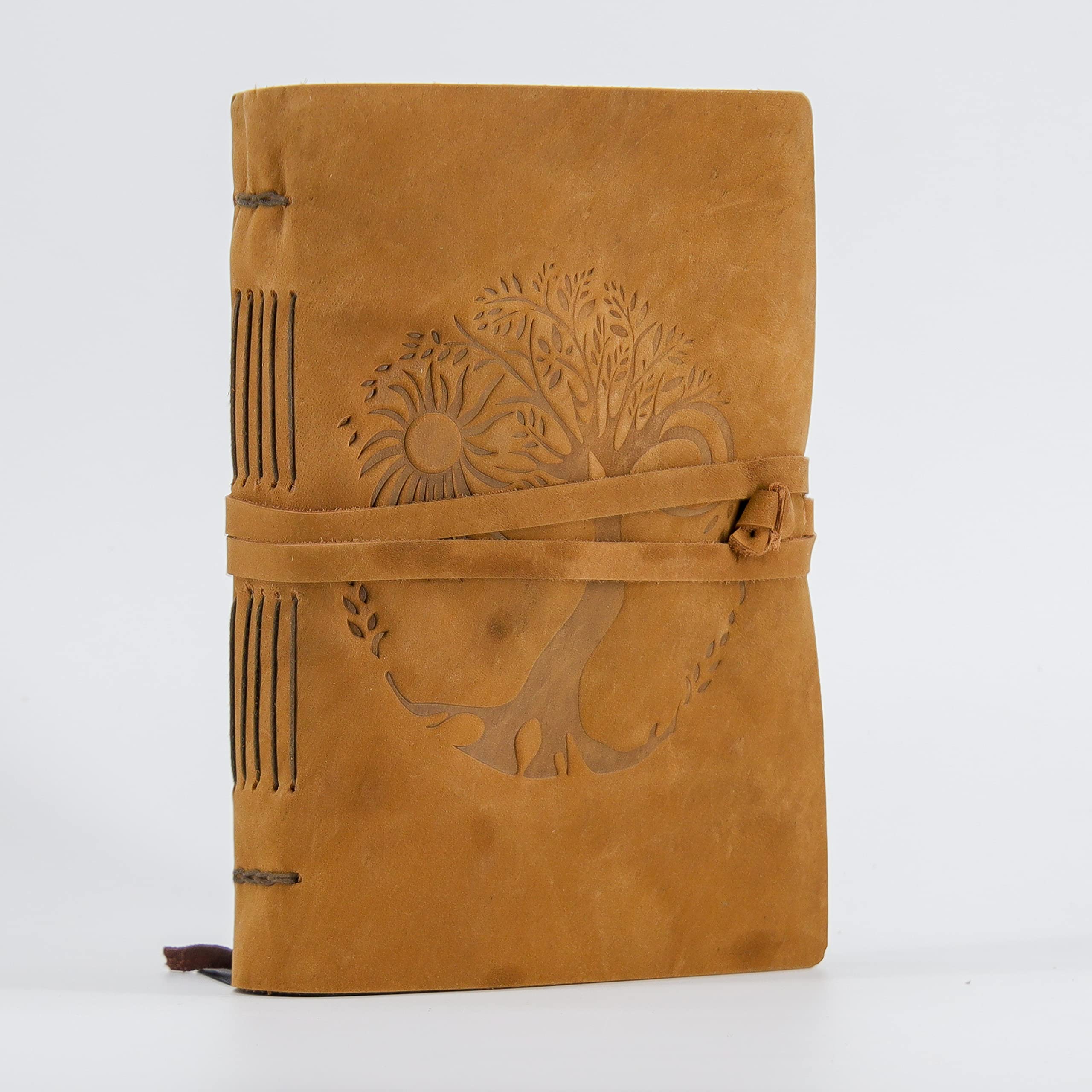 Leather Journal for women and men embossed 8 x 6 inch Handmade Lined craft paper tree of life sun and moon notebook writing notepad book of shadows journal (Brown)