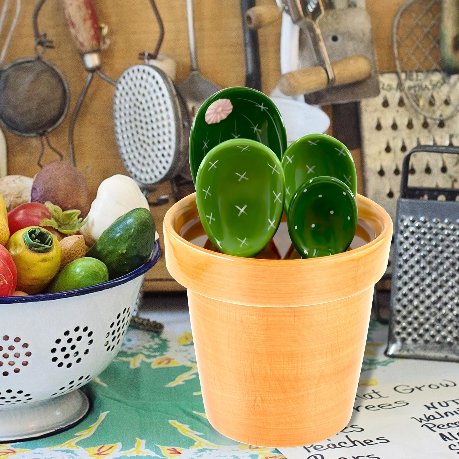 BigNoseDeer Ceramic Cactus Measuring Cups and Spoons Set Organizer, Cute 4 Size Measuring Spoons Set for Kitchen Housewarming Gifts New Home Gifts for Women