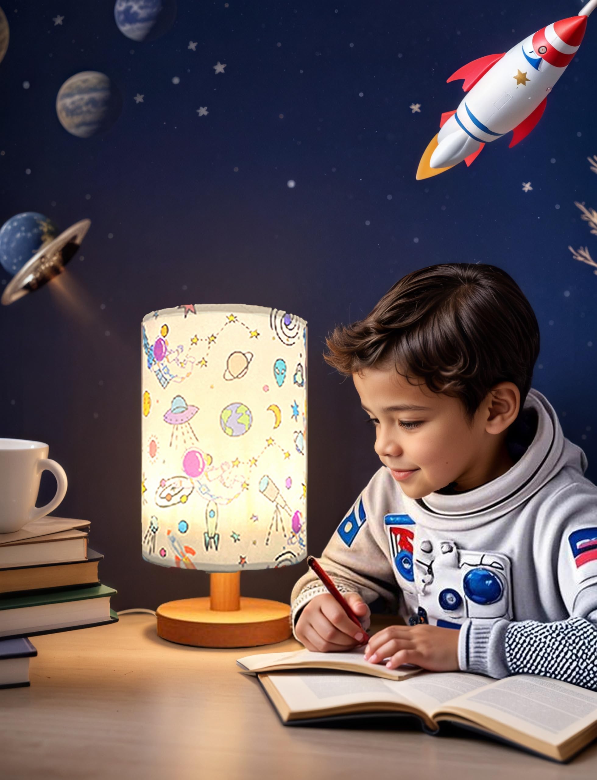 Astronaut Kids Table Lamp, Astronauts Room Decor for Boys,3 Level Dimmable Wood Nightstand Desk Base Flaxen Fabric Shade for Bedroom Living Room,Astronauts Gifts for Boys (cosmonaut)