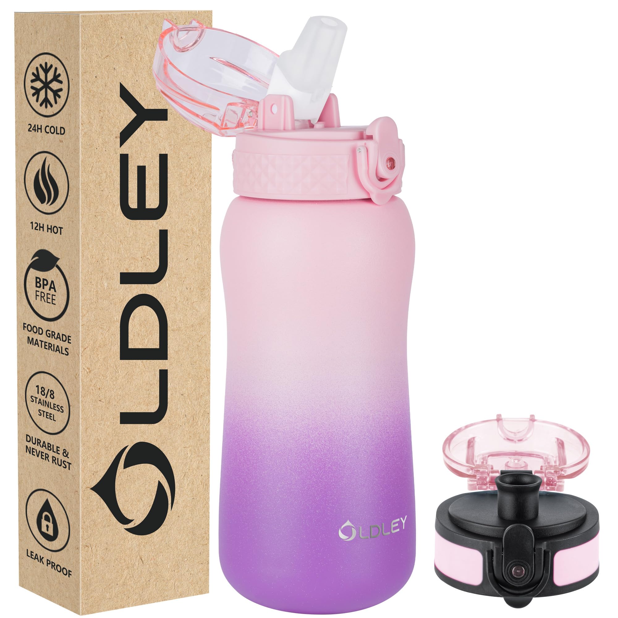 Oldley Insulated Water Bottle 12oz Kids Water Bottles with Straw, Stainless Steel Water Bottle with 2 Lids,Double Wall Vacuum Bottle, Leak-Proof Sport Bottles for School Travel, Ombre Pink-Purple