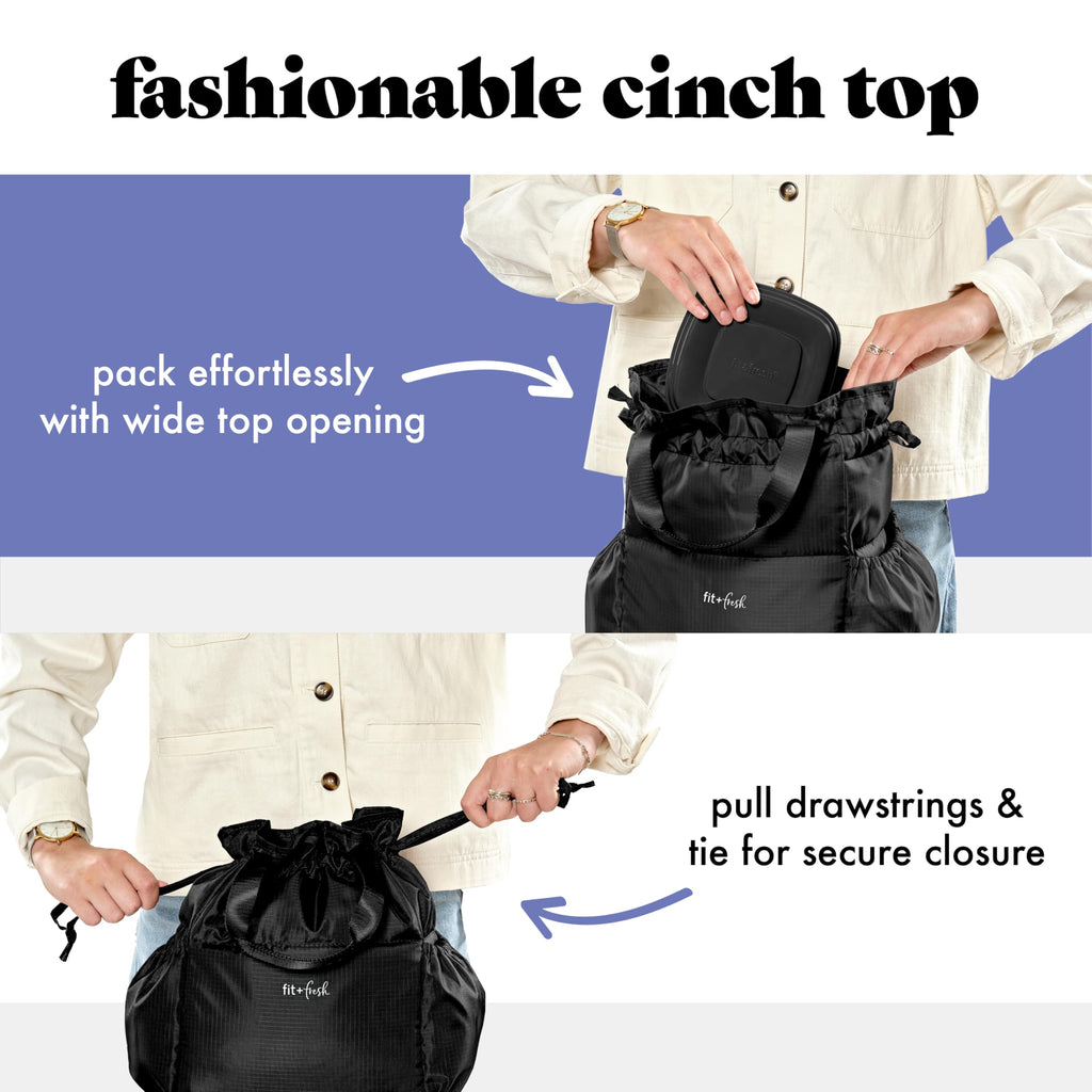 Fit & Fresh Lunch Bag for Women, Insulated Womens Lunch Bag for Work, Stain-Resistant Large Lunch Box for Women with Containers, Cinch Closure Cromwell Bag, Black