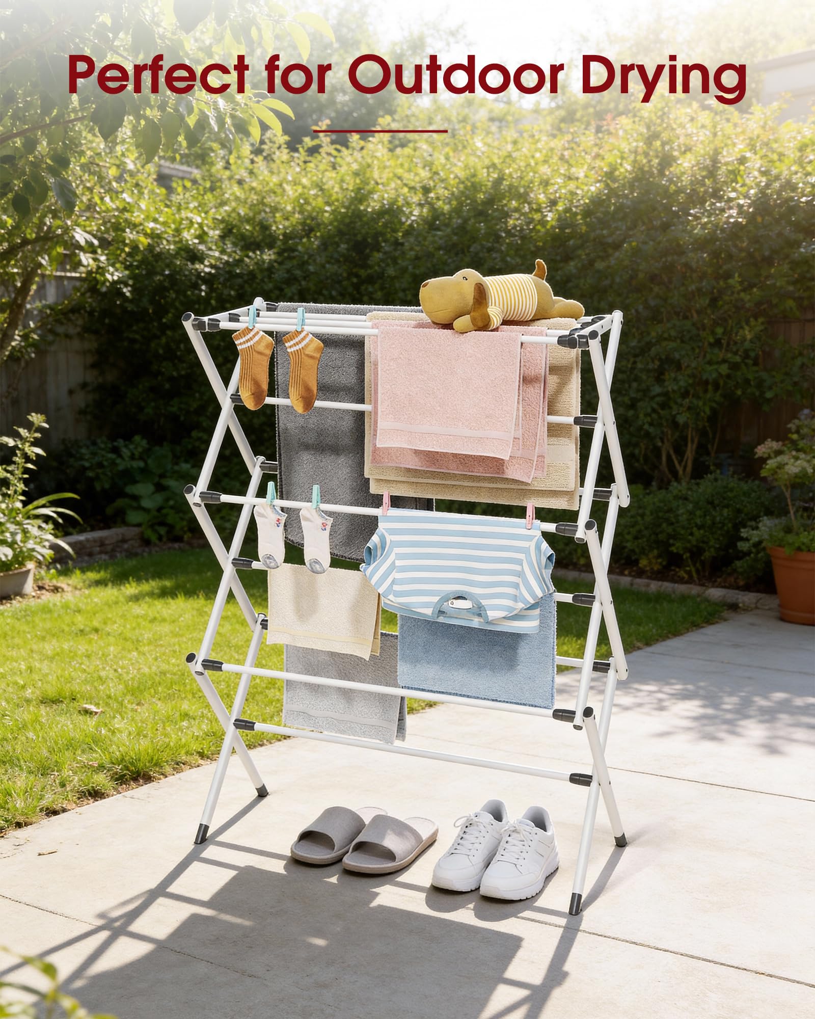 Sakugi 3 Tier Clothes Drying Rack, Foldable Clothes Drying Rack with Non-Slip Feet, Portable Laundry Drying Rack for Clothing, Indoor & Outdoor Use, 73.5 x 29 x 95 cm, White