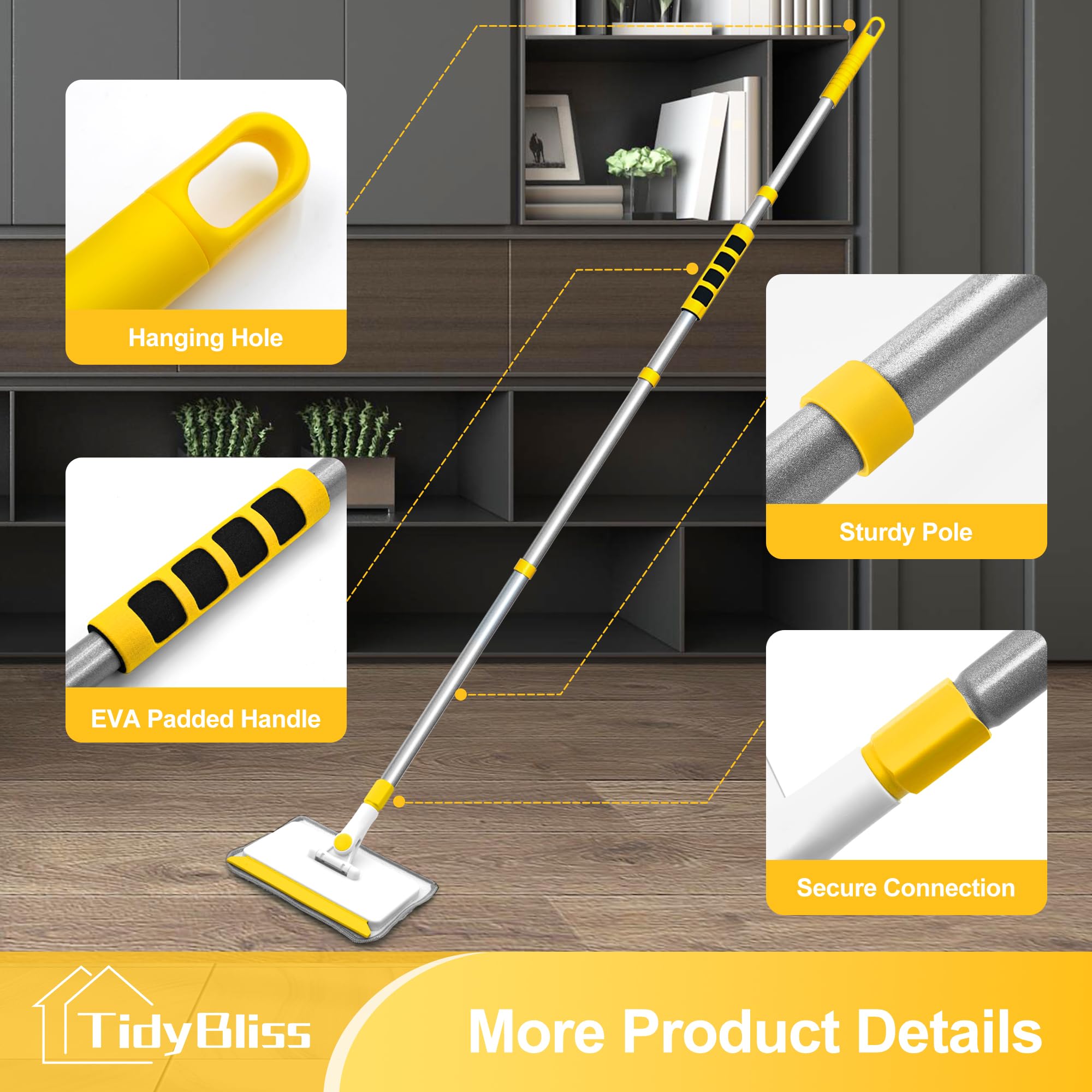 TidyBliss Baseboard Cleaner Tool with Handle, 55.9” Long Wall and Base Board Cleaning Mop, 4 Reusable Pads, 1 Stiff Bristle Scrubber Brush for Floorboard Ceiling Cabinet Window Bathroom (Yellow)
