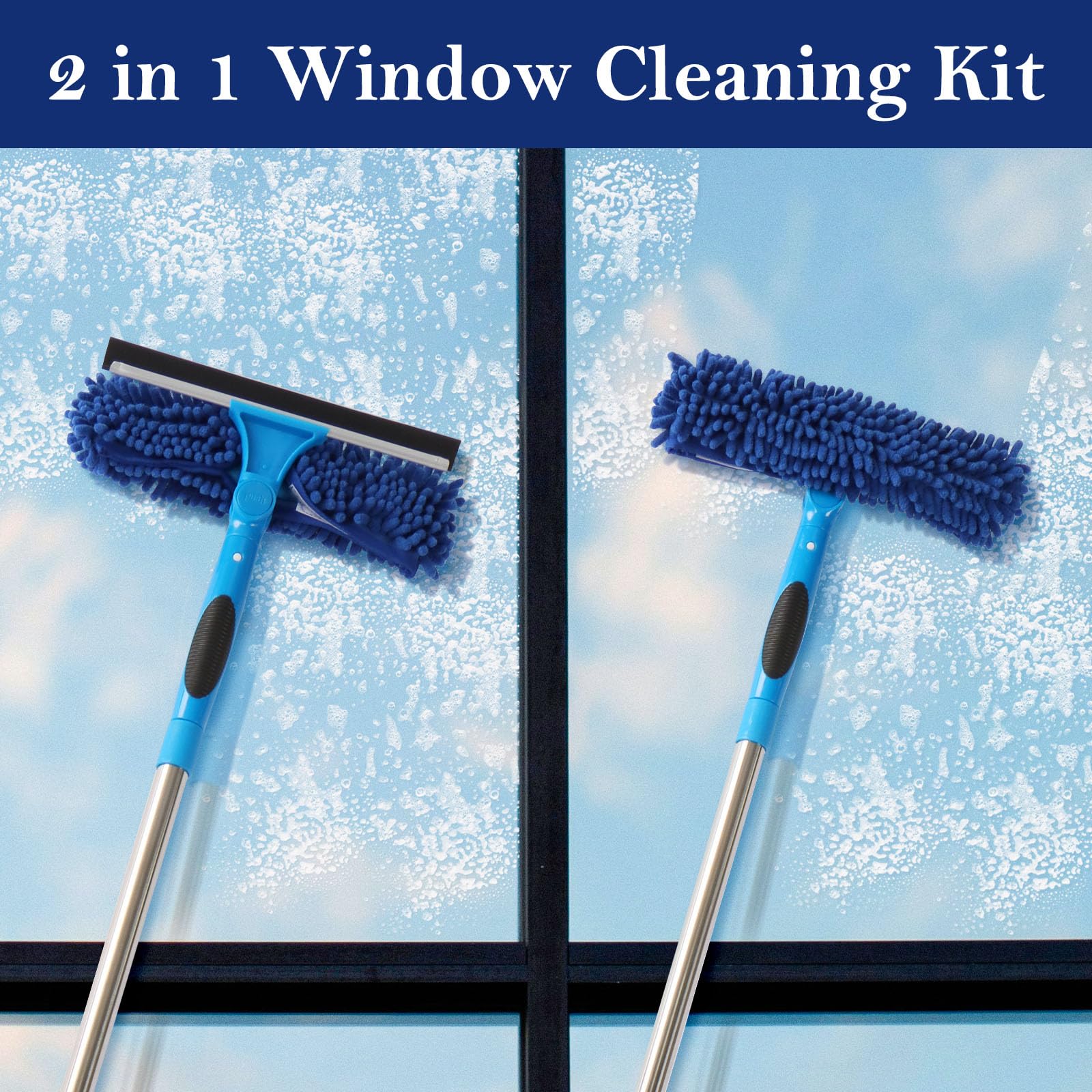 Terafeels 110.23in / 280cm Window Cleaning Tools, Window Squeegee: 2 in 1 Double-Sided Professional Cleaner Window Washing Kit with Extension Pole (Dark Blue)