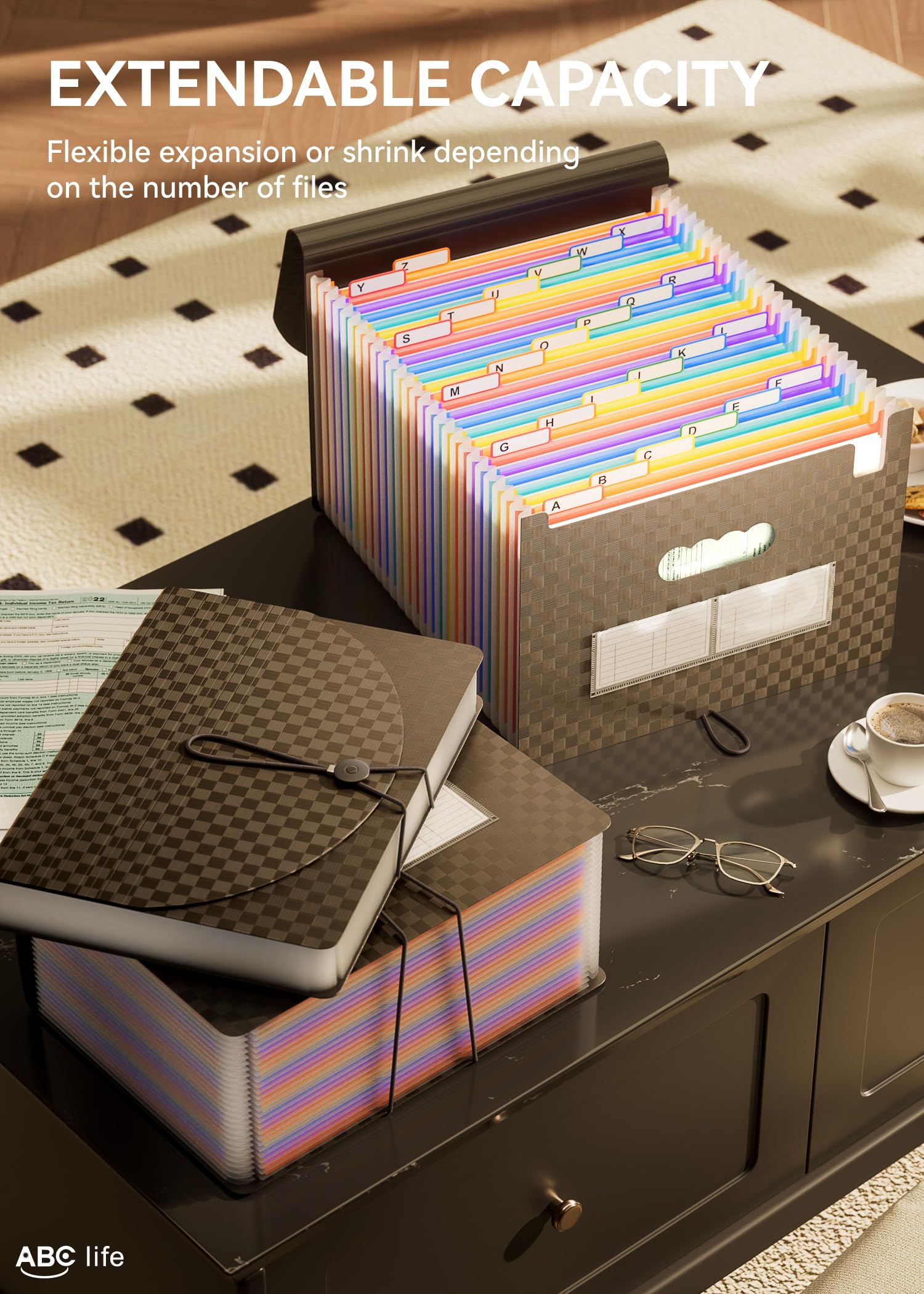 ABC life Accordian File Organizer 26 Pockets,Expanding File Folder with Upgrad Grid Pattern,Portable A4 Letter Size Filling Box, Expandable Accordion Folder,Plastic Paper Document Receipt Organizer