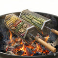 2 Pack Rolling Grill Basket – Stainless Steel Grilling Basket with Lid and Removable Wooden Handle – BBQ Accessories for Vegetables, Shrimp, Meat – Outdoor Cooking Gift for Dad or Husband