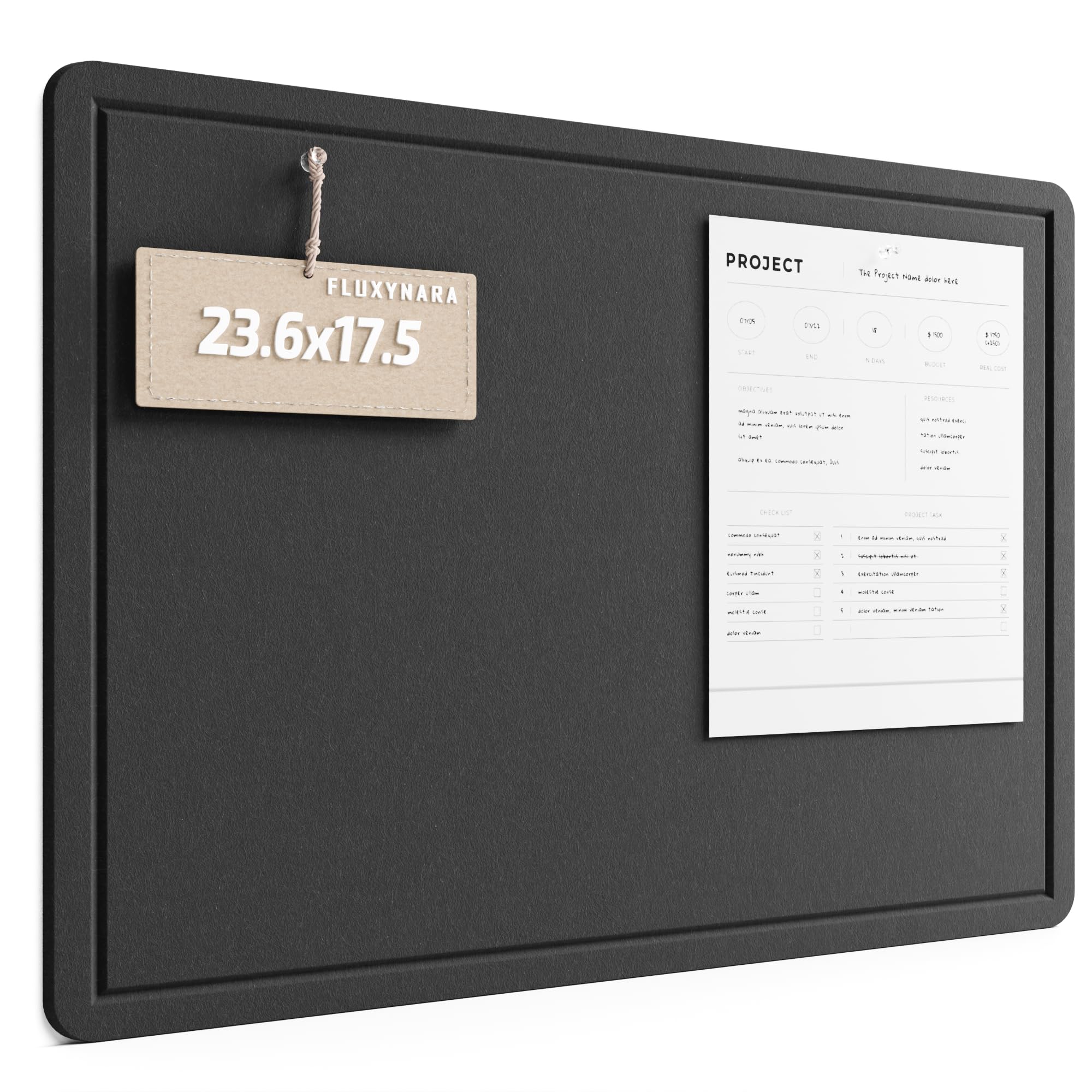 Fluxynara Bulletin Board, 23.6" x 17.5" Cork Board Alternative with 12 Safe Removable Adhesive Tabs, Foldable Felt Pin Board for Home Office, Classroom, Bedroom,Entryway for Walls— Black