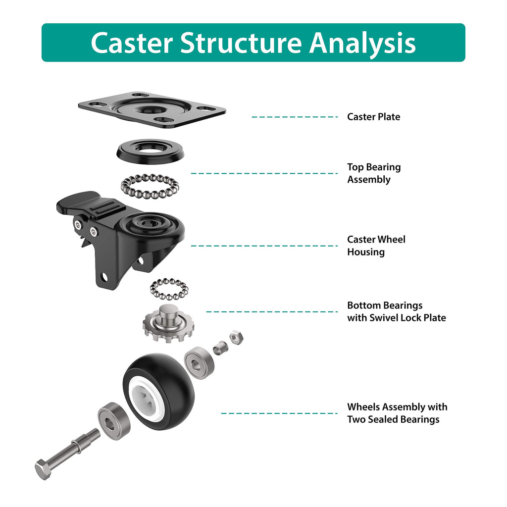 2 inch Swivel Caster Wheels,Heavy Duty Plate Casters with Safety Brake Total Capacity 600lbs (Pack of 4)
