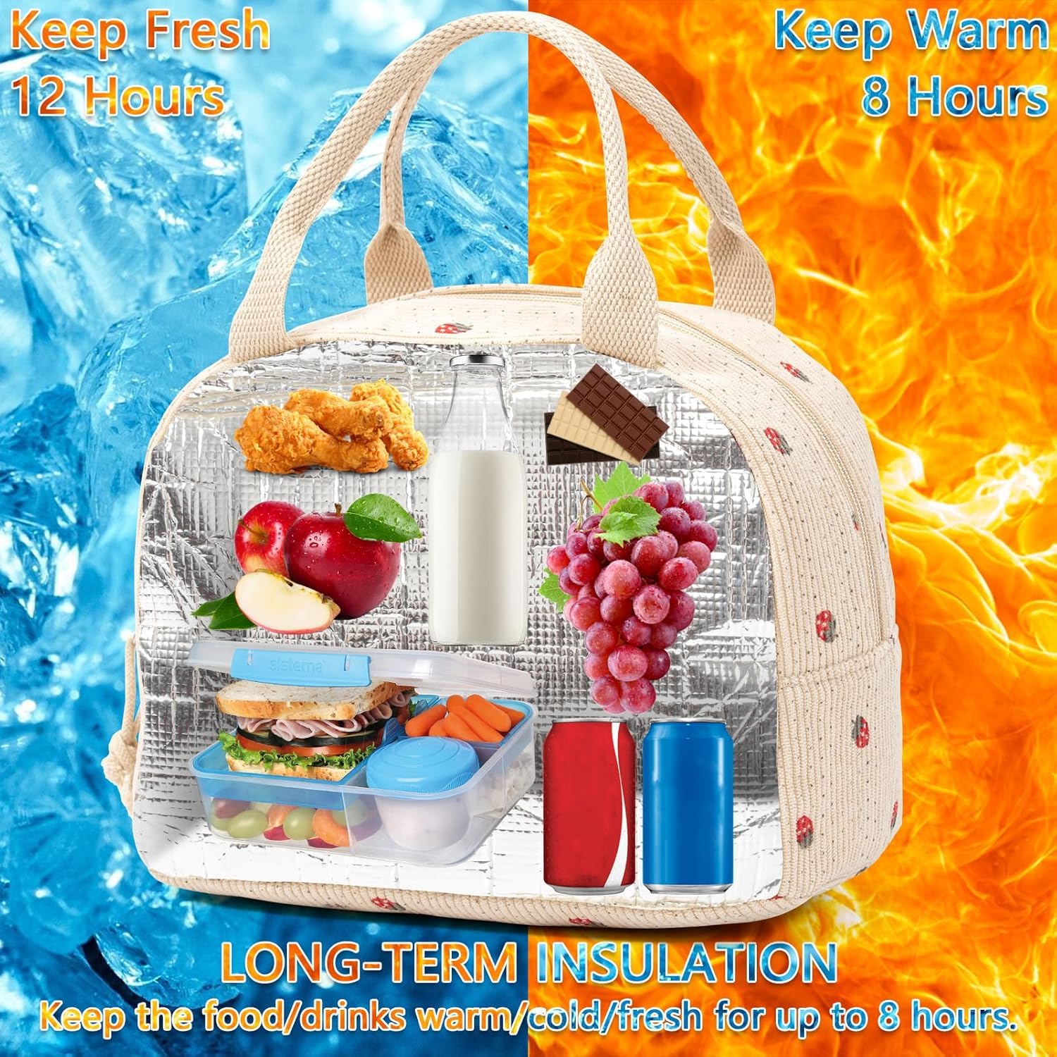 Lunch Bags for Women, Cute Stawberry Corduroy Lunch Bag, Insulated Lunch Box Boite a Lunch Femme Cooler Tote Bags, Leakproof Womens Lunch Bag for Work School Travel Picnic (Beige)