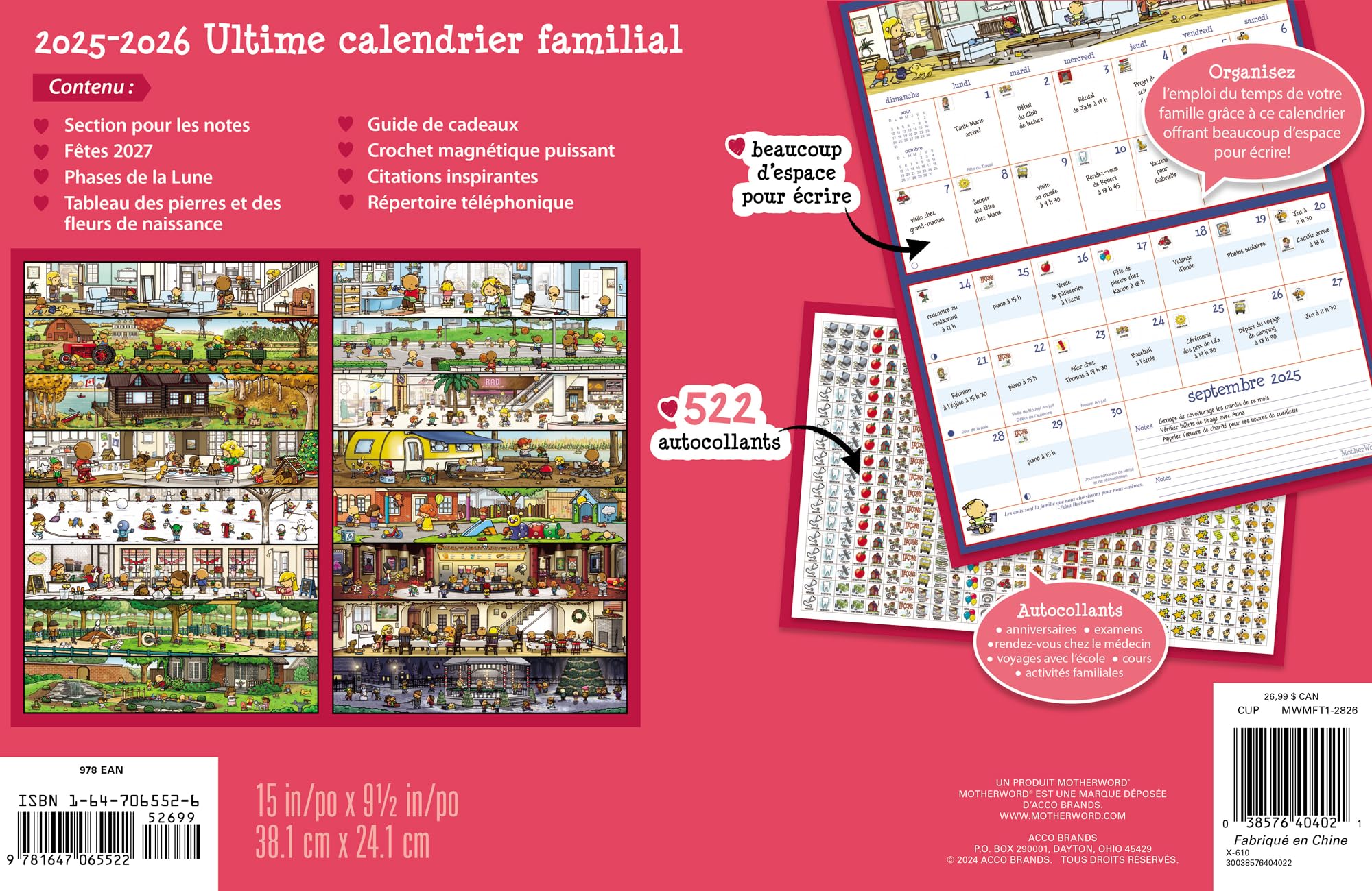 2026 MotherWord Ultimate Fridge Magnetic Hanging Family Calendar, 16-Month Family Planner, Sept 2025 - Dec 2026, French, Medium Side by Side Version, 15" x 9.5" (MWMFT12826)