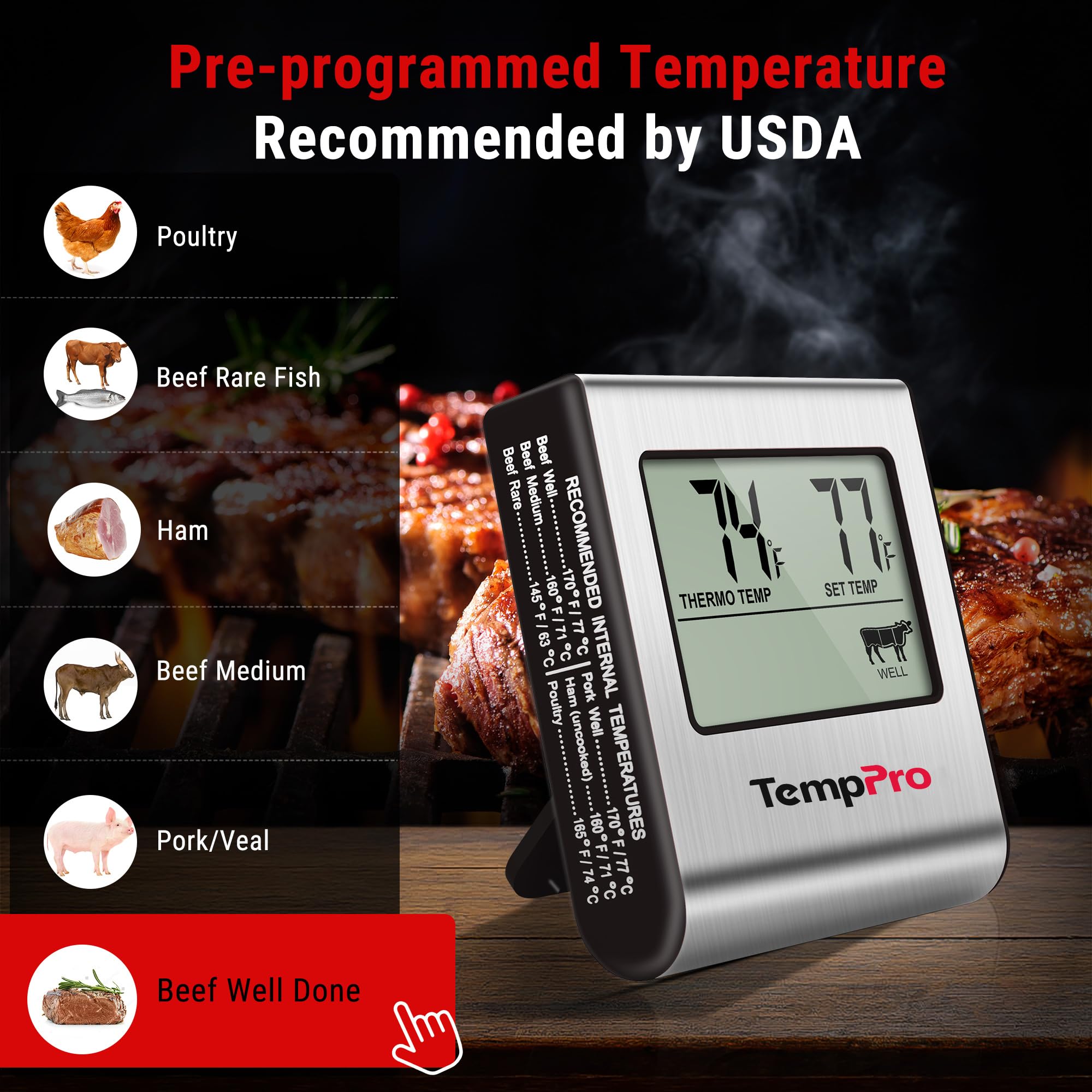 ThermoPro TP-16 Meat Thermometer with Stainless Steel Probe for Indoor Outdoor Use, Digital Cooking Thermometer for Grill, Barbecue, Oven, Smoker, Candy