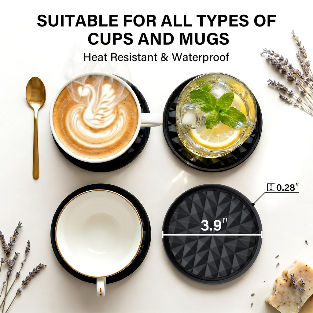 Wingcases Silicone Coasters for Drinks[6 Pack]- Cup Mat with Holder for Tabletop Protection-Non-Slip, Non-Stick, Coffee Table Decor, Great Gift for Any Occasion, Black