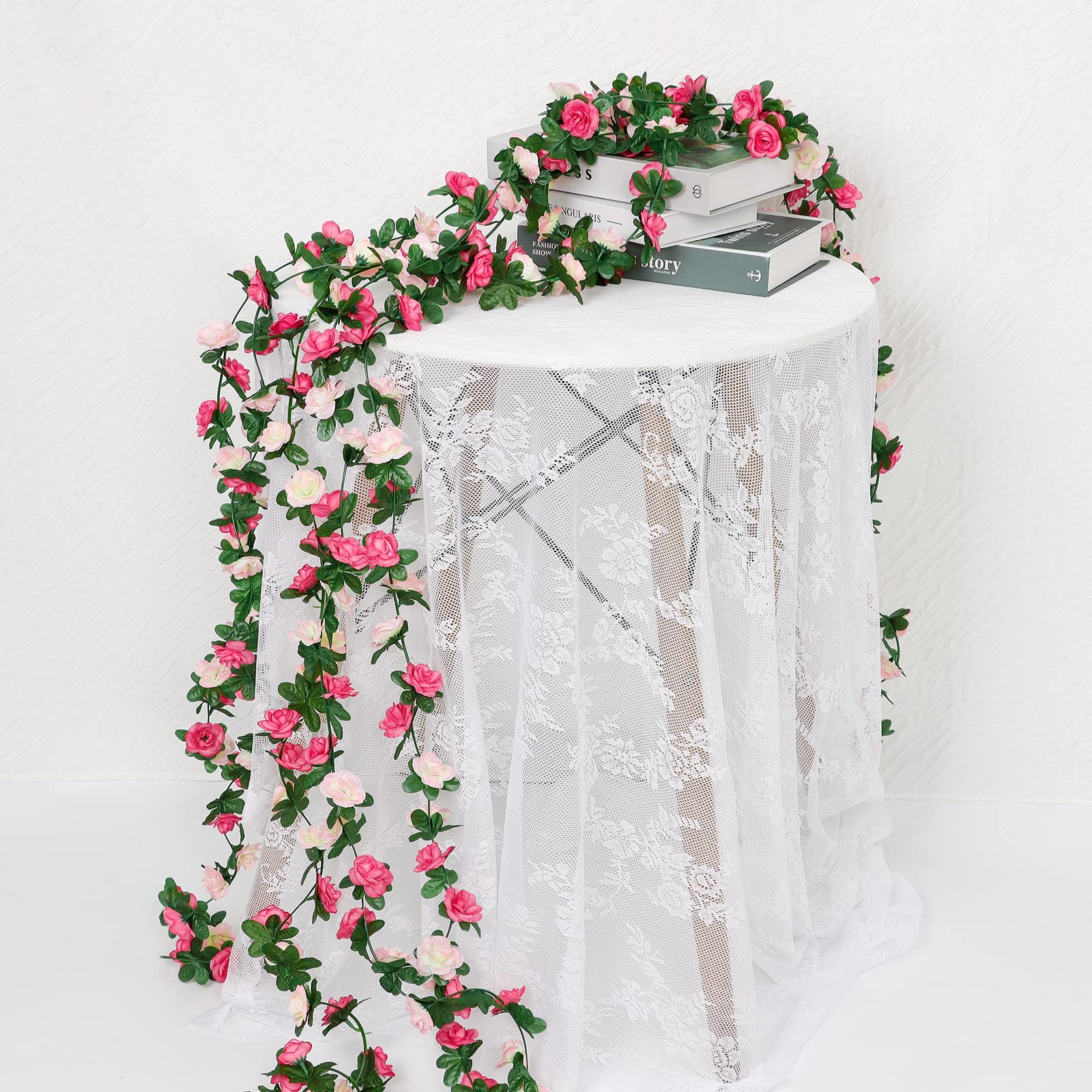 KHOYIME 8 Pack 64 FT Artificial Flower Garland, Fake Pink Roses Vines Silk Flowers Faux Plastic Outdoor Hanging Floral Ivy Garland Decoration for Wedding Arch Bedroom Home Wall Backdrop Room Decor
