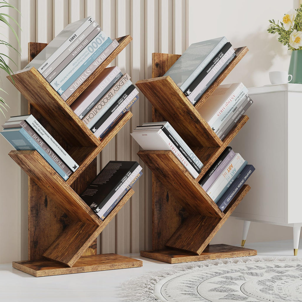 YMYNY 4-Tier Tree Bookshelf, Small Bookcase, Modern Wood Book Storage Rack, Freestanding Book Shelf for Books/Movies/CDs, Narrow Display Rack for Living Room, Home Office, Rustic Brown HBC014H
