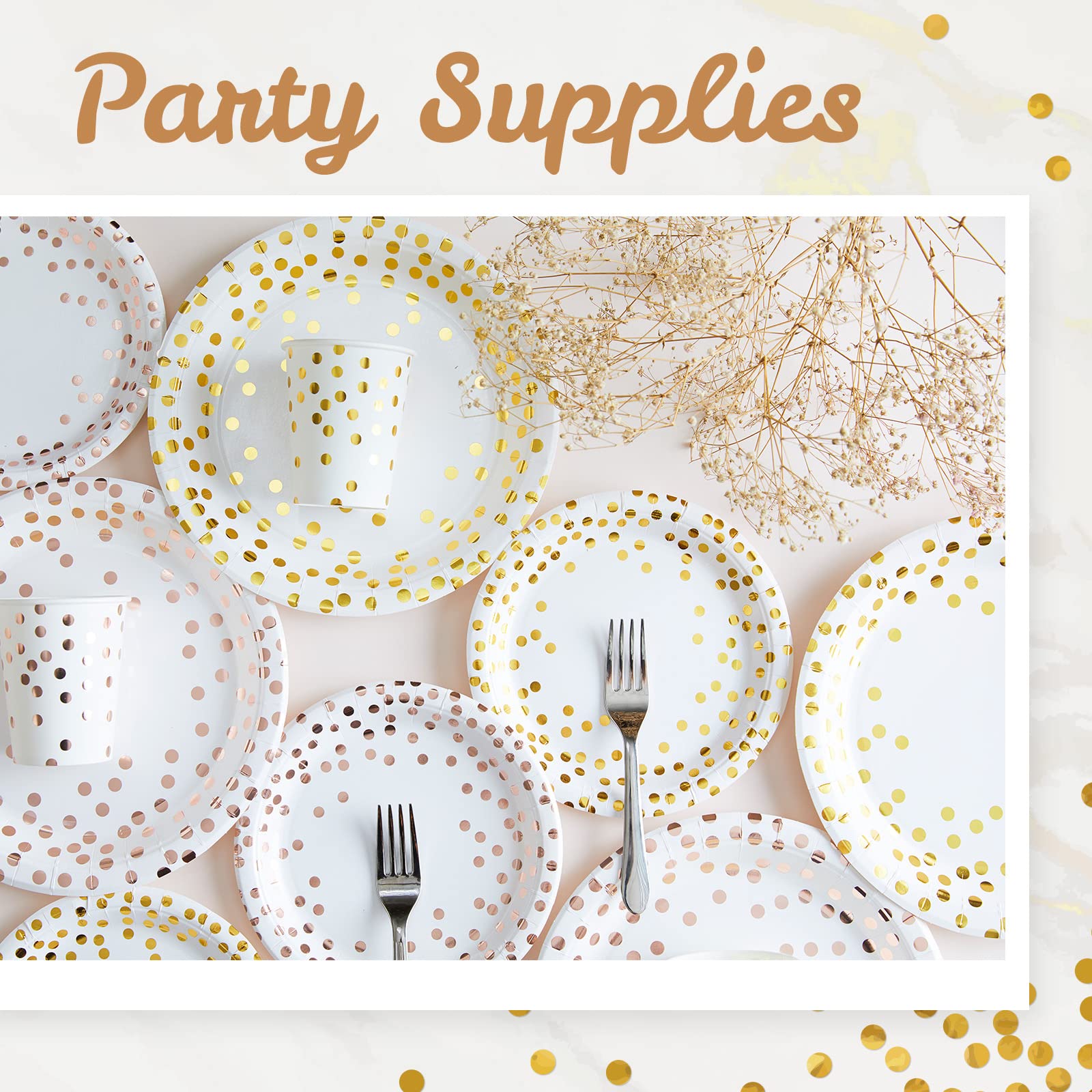 MATICAN 100-Pack Disposable White & Gold Party Plates, 9-Inch with Foil Polka Dots