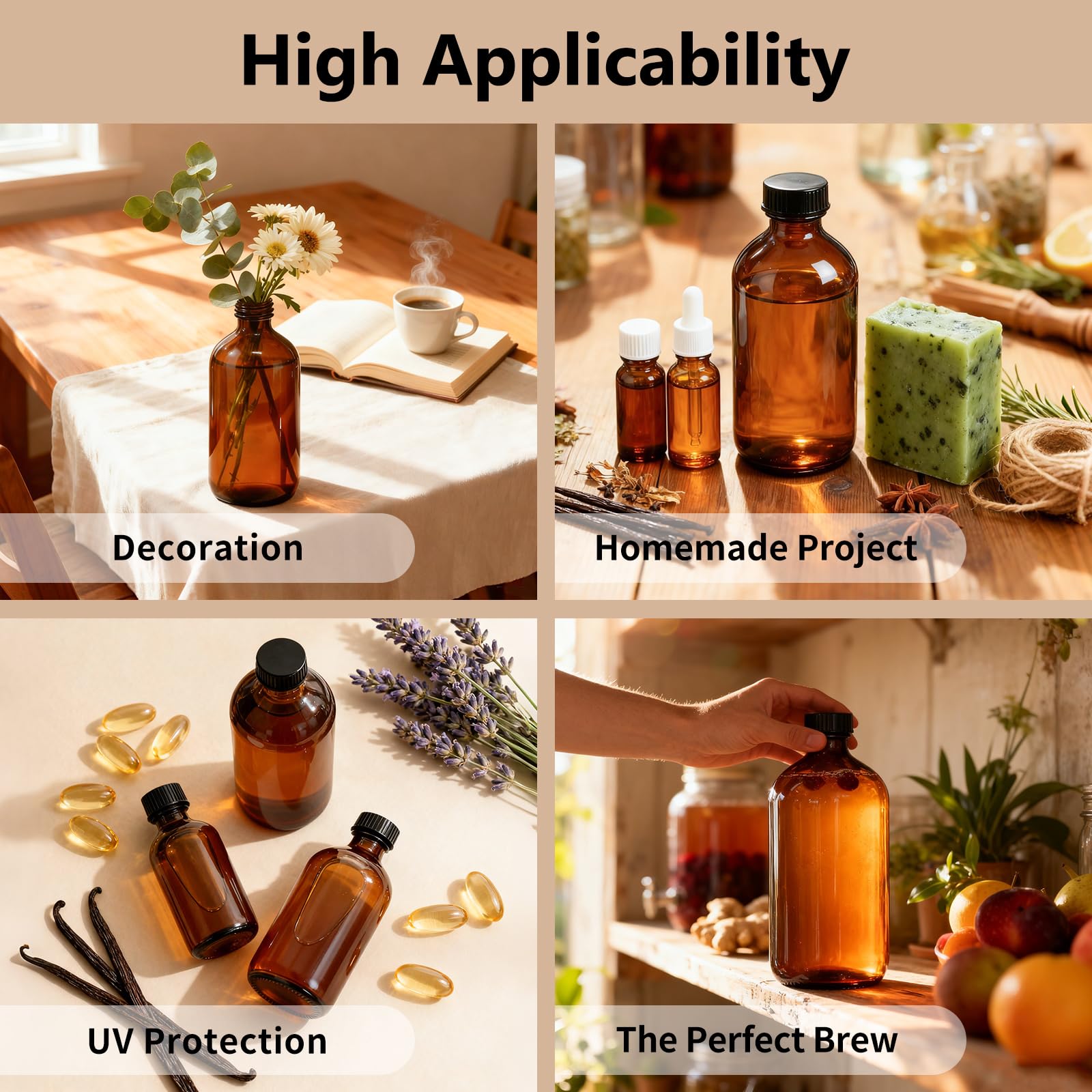 Turvono 4 Pack 32 oz Amber Glass Boston Round Bottles with Phenolic Polycone Caps – Airtight, Leak-Proof Brown Bottles for Kombucha Brewing, Essential Oils, Storing Condiments, and Homemade Solutions