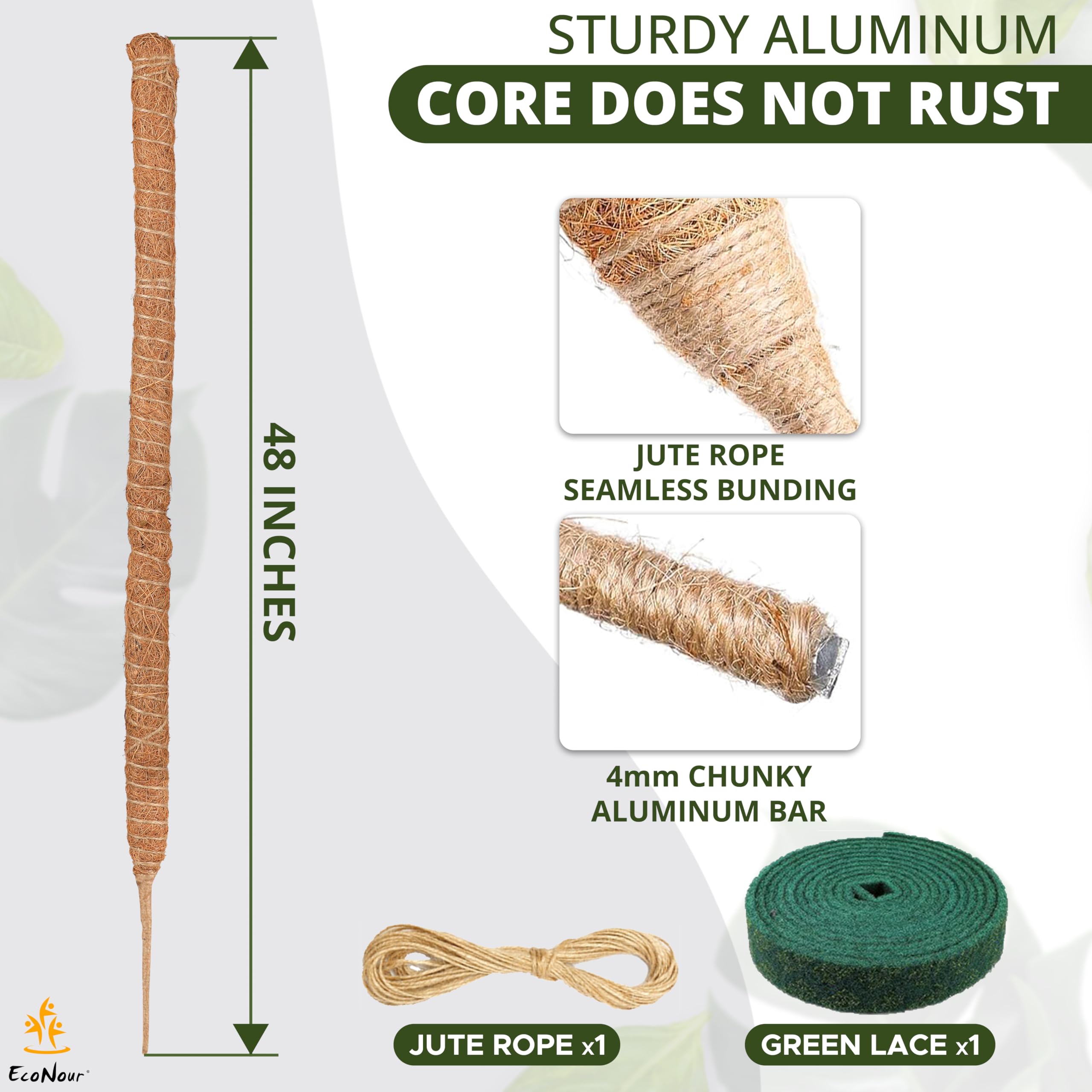 EcoNour 48 inches Moss Pole - Monstera Plant Support Sticks - Coco Coir Plant Support Stakes for Small Potted Climbing Plants - Elevate Indoor Potted Plants to Grow Upwards