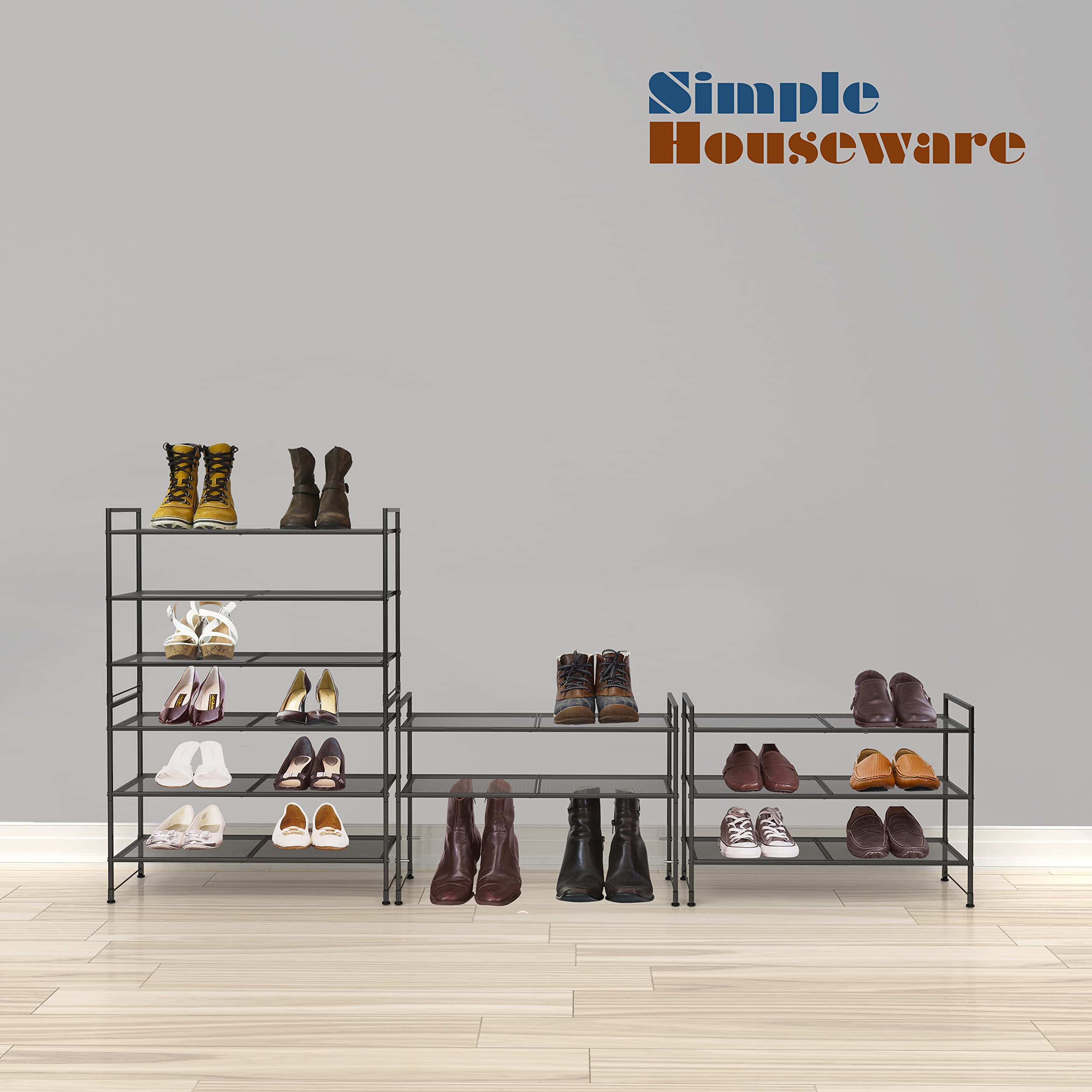 SimpleHouseware 3-Tier Stackable Mesh Shoe Racks with Shelves for 9 Pairs of Shoes Storage, Black