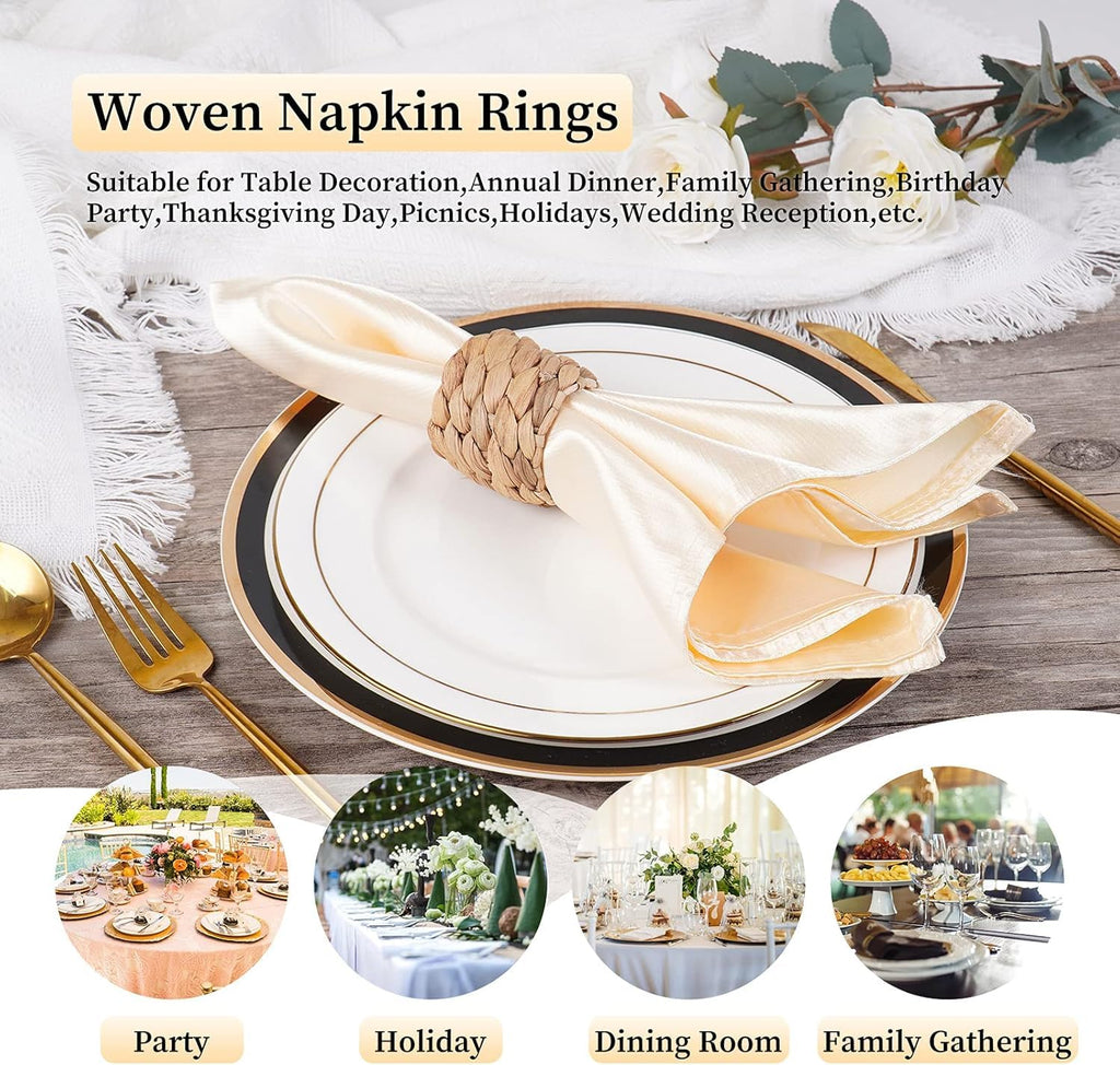 12 pcs Woven Napkin Rings， Napkin Rings Table Decor Handmade by Natural Water Hyacinth， Fall Farmhouse Napkin Rings for Christmas, Wedding Table Decoration