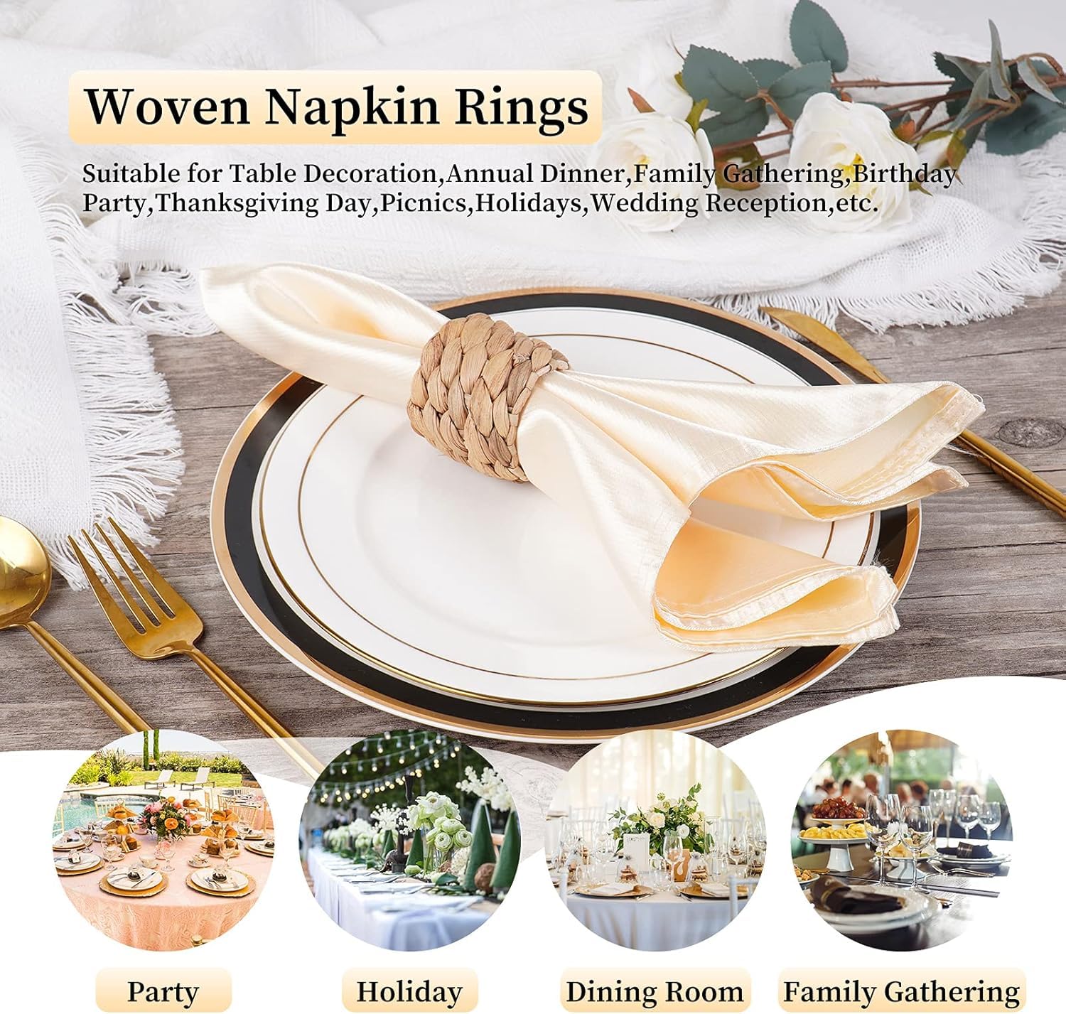 12 pcs Woven Napkin Rings， Napkin Rings Table Decor Handmade by Natural Water Hyacinth， Fall Farmhouse Napkin Rings for Christmas, Wedding Table Decoration