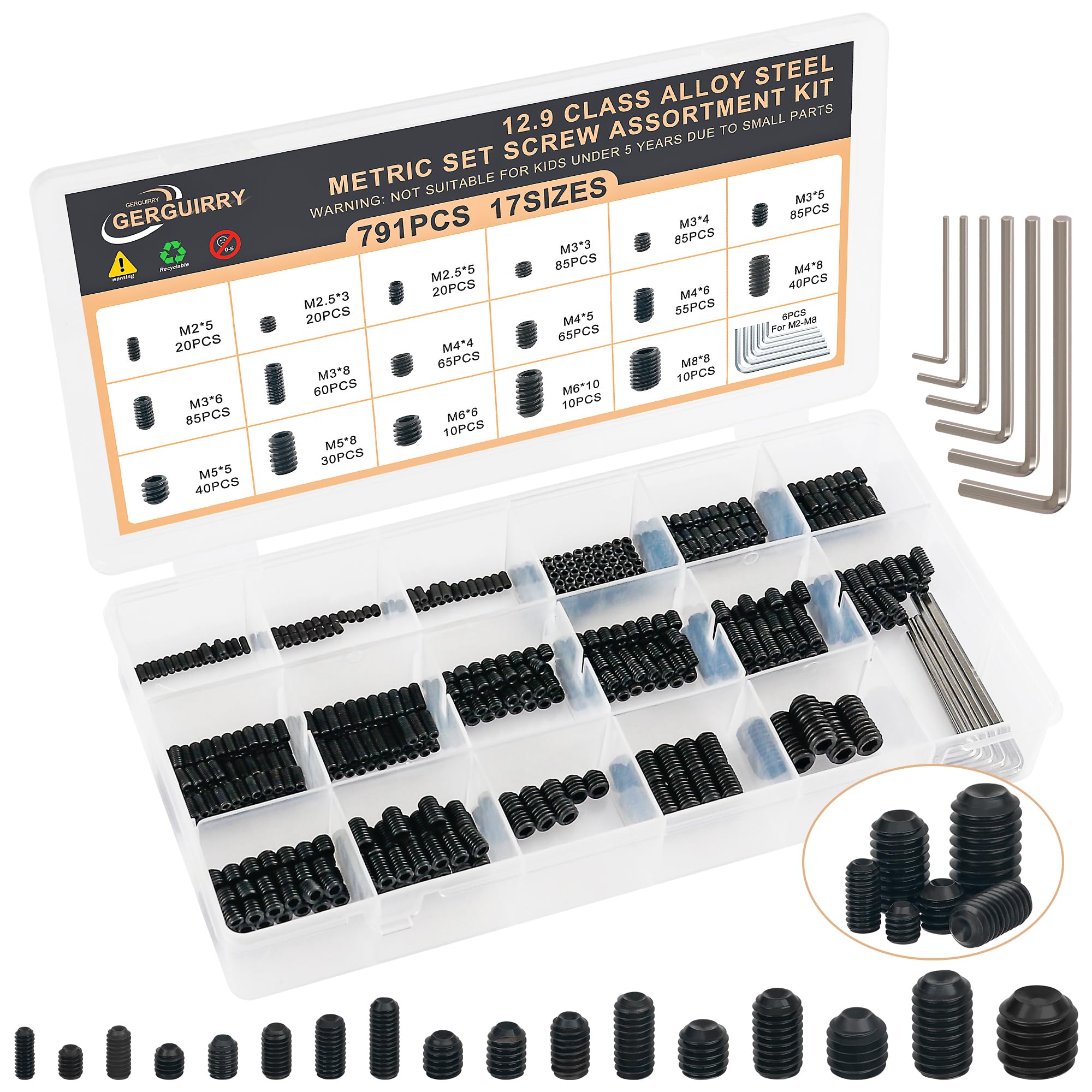 791PCS Set Screws, 17Sizes Metric Set Screw Assortment Kit, M2/2.5/3/4/5/6/8 12.9 Alloy Steel Black Grub Set Screws, Internal Hex Drive Cup-Point Screws for Bathroom Fixtures, Door Handles