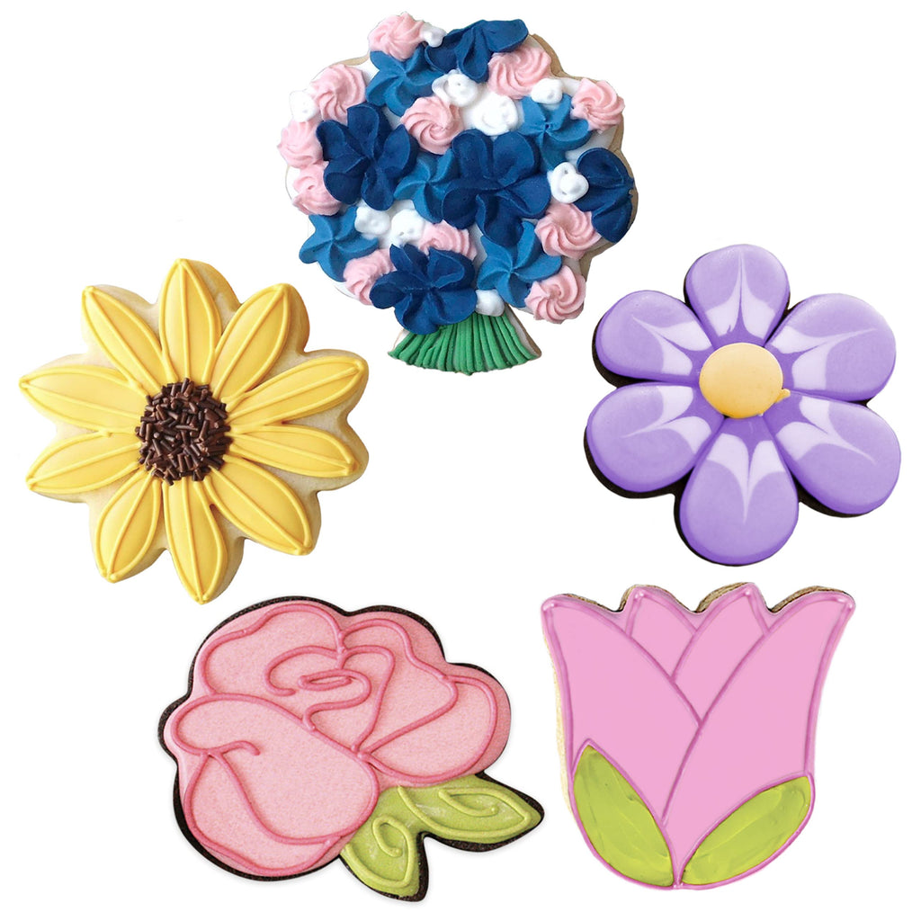 Summer Flowers Cookie Cutters 5-Pc. Set Made in The USA by Ann Clark, Flower, Rose, Sunflower, Tulip, Flower Bouquet