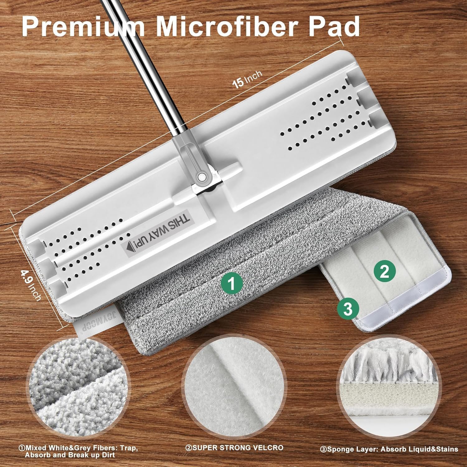 JOYMOOP Flat Mop, Microfiber Mop for Floor Cleaning and Long Handle Wall Cleaner, 60" Mop Handle with Flexible 15" Flat Head with a Microfiber Mop Pad - White