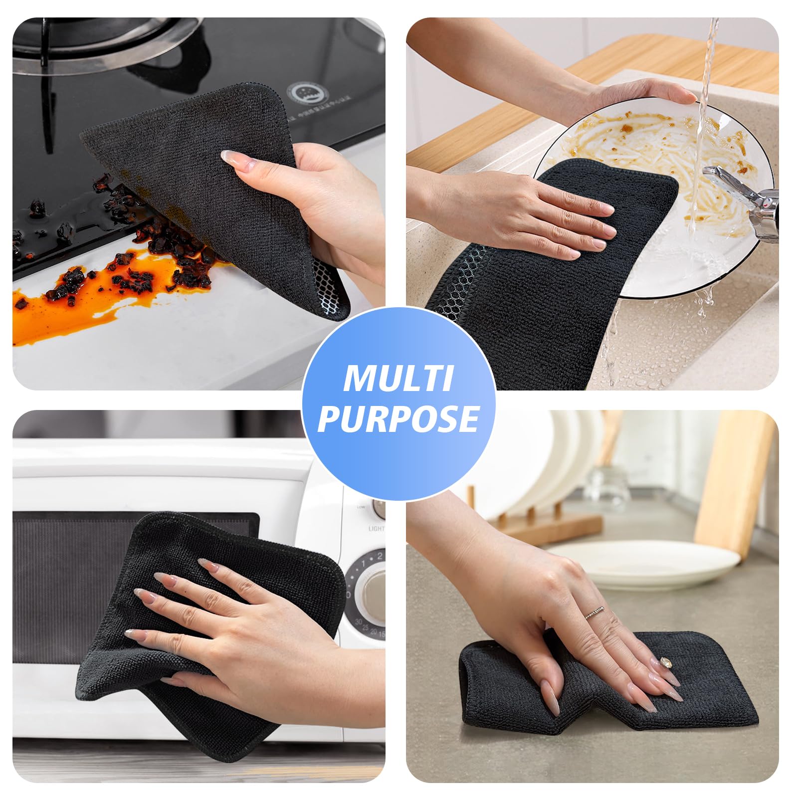 KinHwa Microfiber Dish Cloths Super Absorbent Kitchen Wash Cloth Dish Rags for Washing Dishes Fast Drying Cleaning Cloth with Scrub Side (Black, 7inchx7inch 18pc)