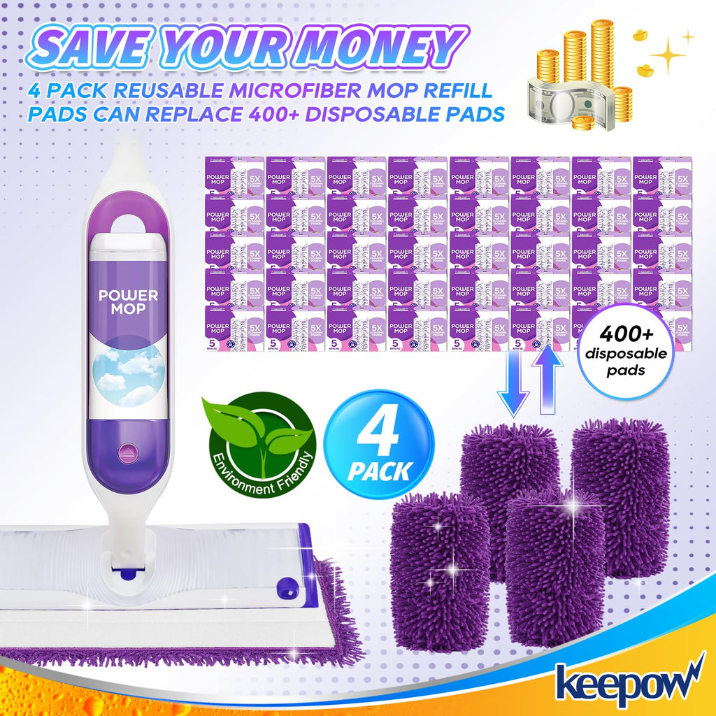 KEEPOW Reusable Power Mop Refill Pads Compatible with Swiffer Power Mop, Powermop Mopping Pad Refills for Wood Floor Cleaning, Machine Washable Microfiber Mop Pads, 4 Pack