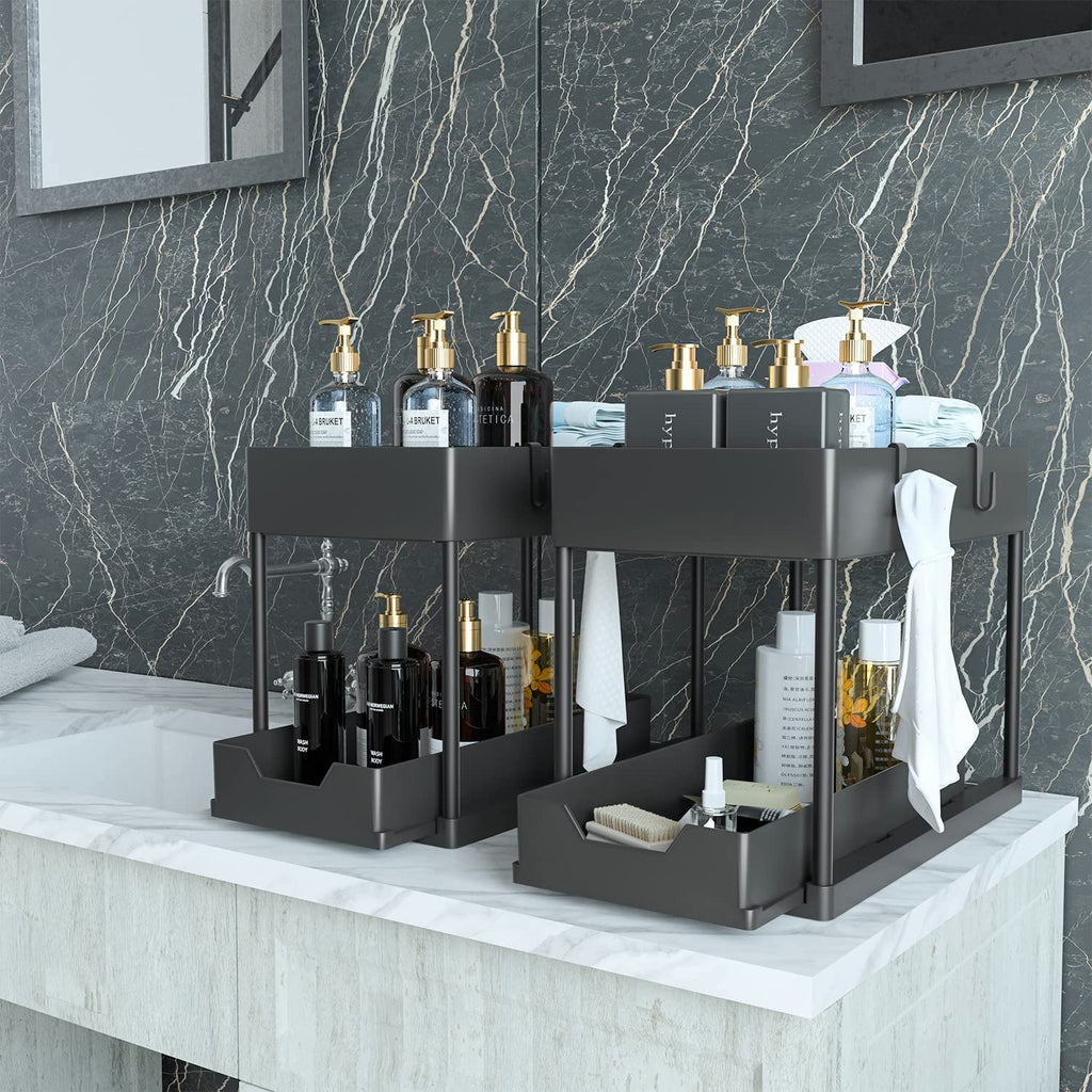 Under Sink Organizer 2 Set - Tomekji Under Sink Storage, Sliding Drawer Pull Out with Hooks for Kitchen Bathroom, No Hanging Cups（Black）